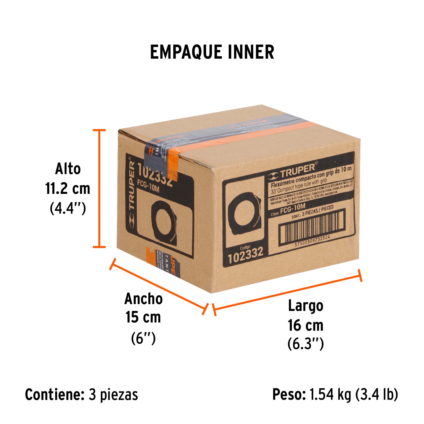 Flexómetro compacto contra impactos 10 m cinta 25 mm, TRUPER - Empaque