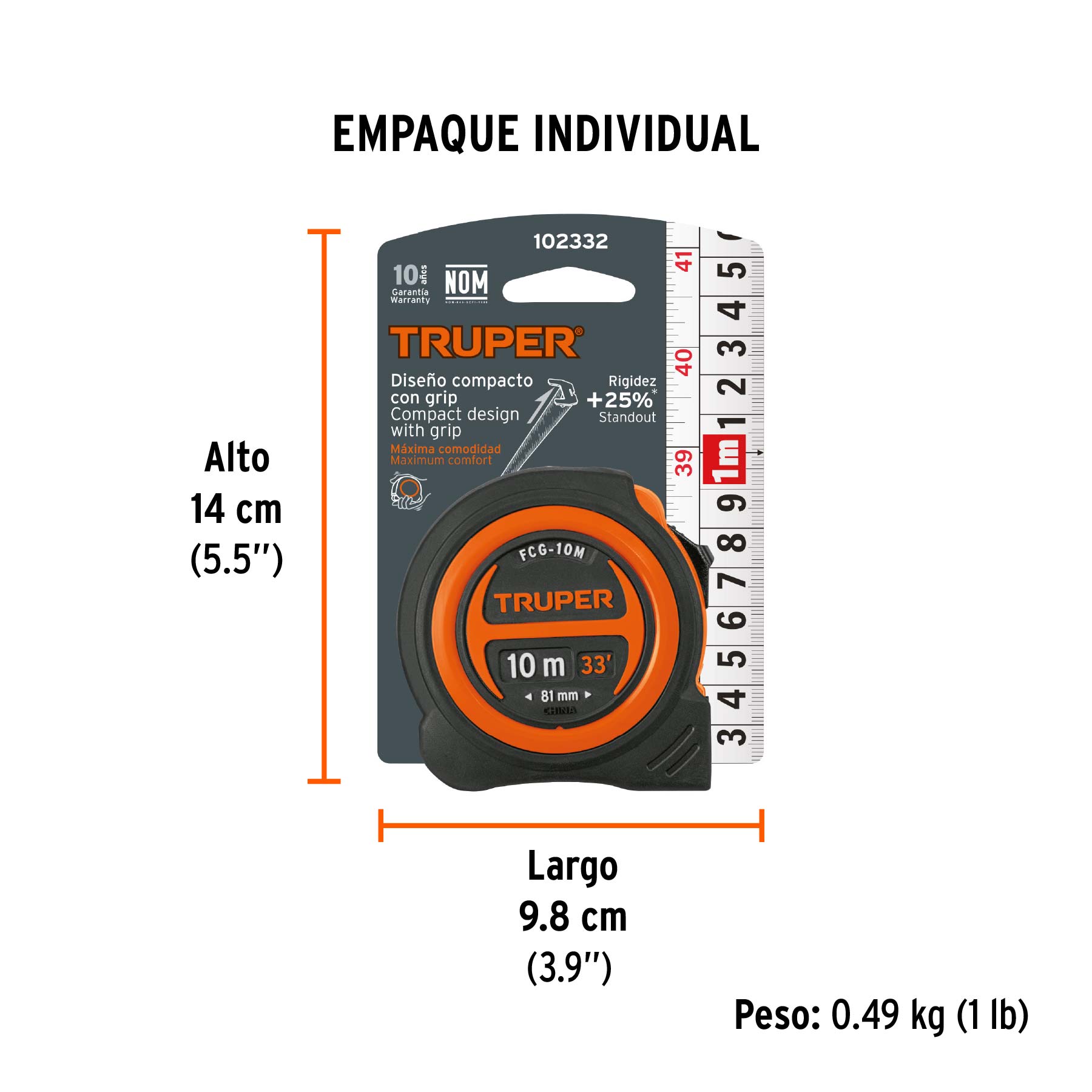Flexómetro compacto contra impactos 10 m cinta 25 mm, TRUPER - Empaque