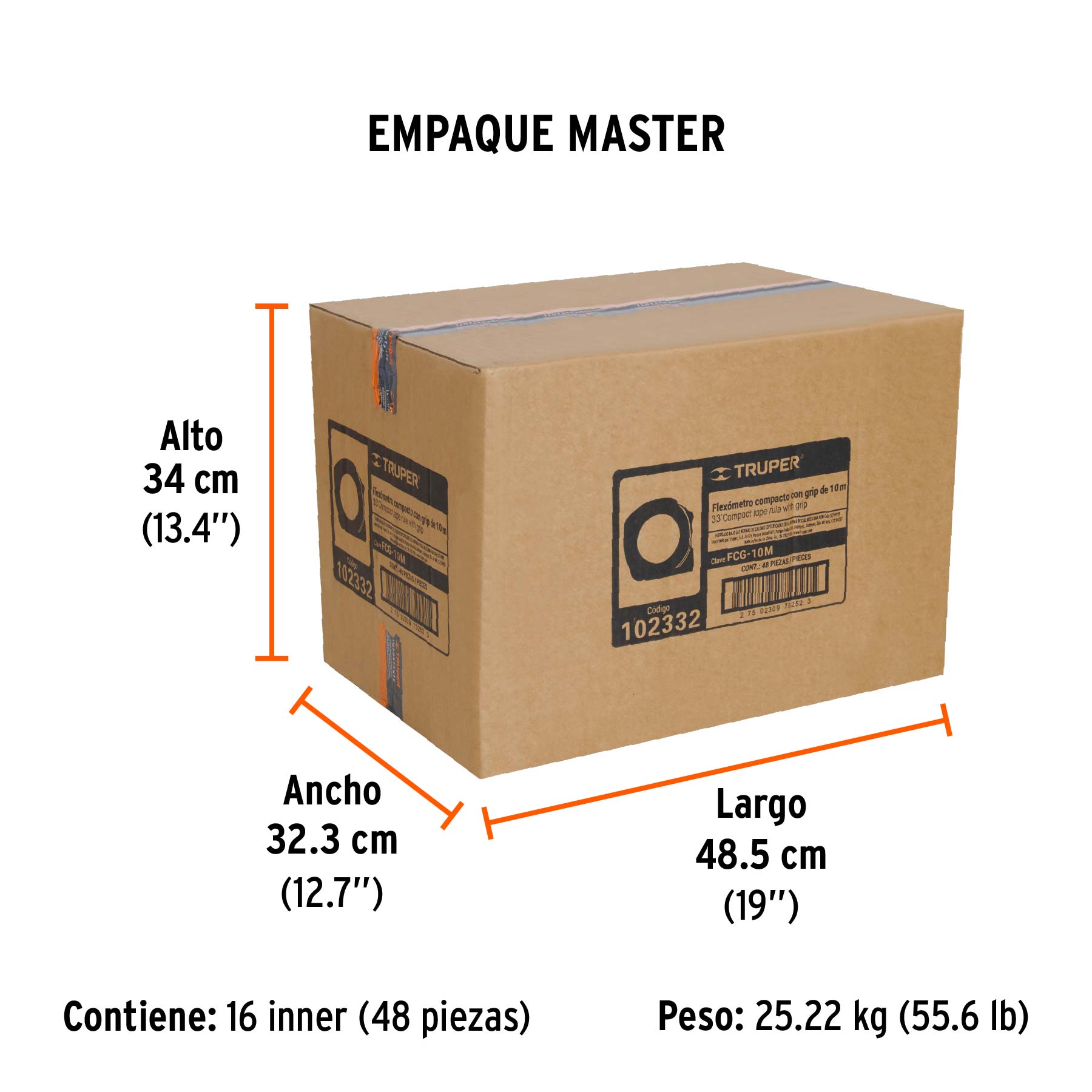 Flexómetro compacto contra impactos 10 m cinta 25 mm, TRUPER - Empaque
