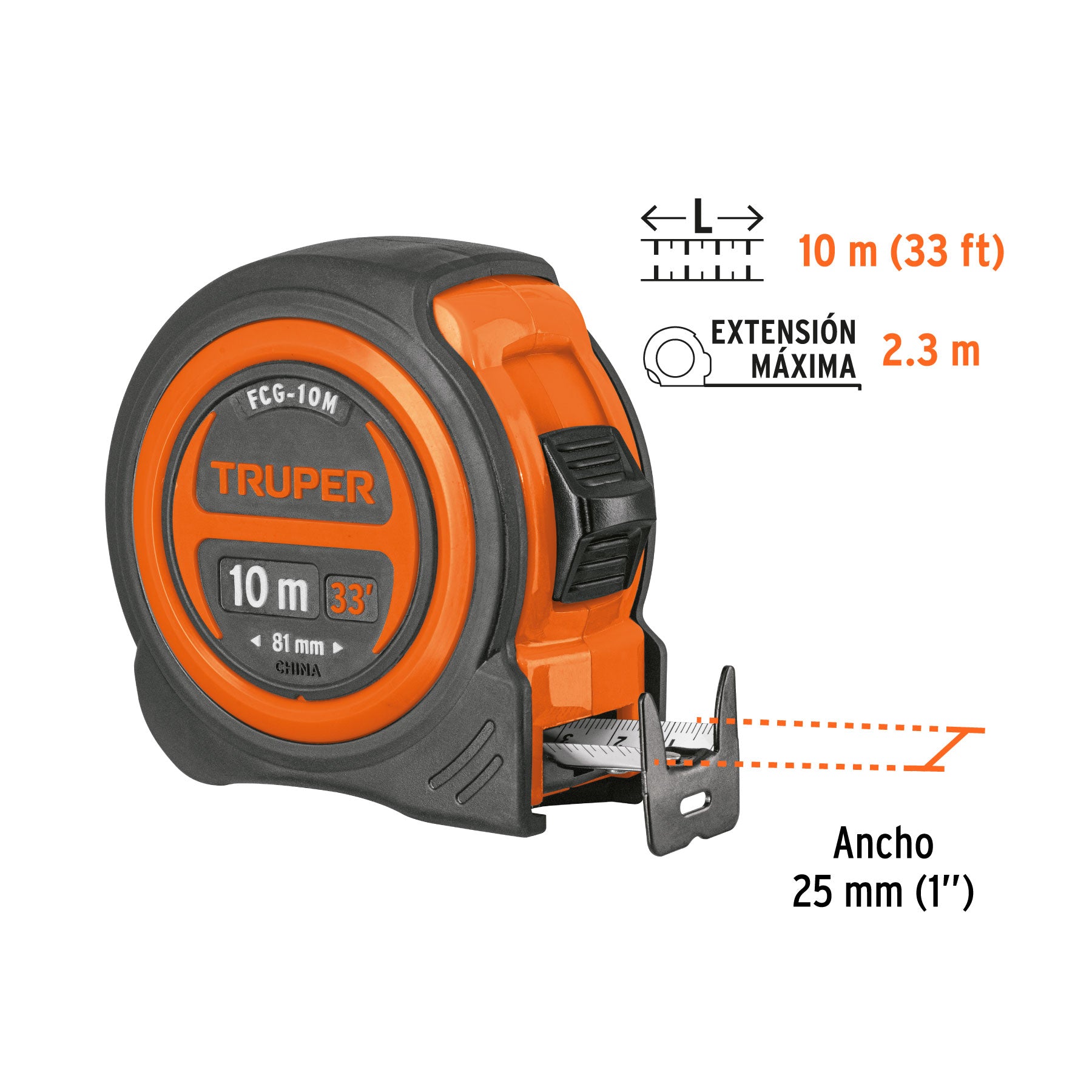 Flexómetro compacto contra impactos 10 m cinta 25 mm, TRUPER