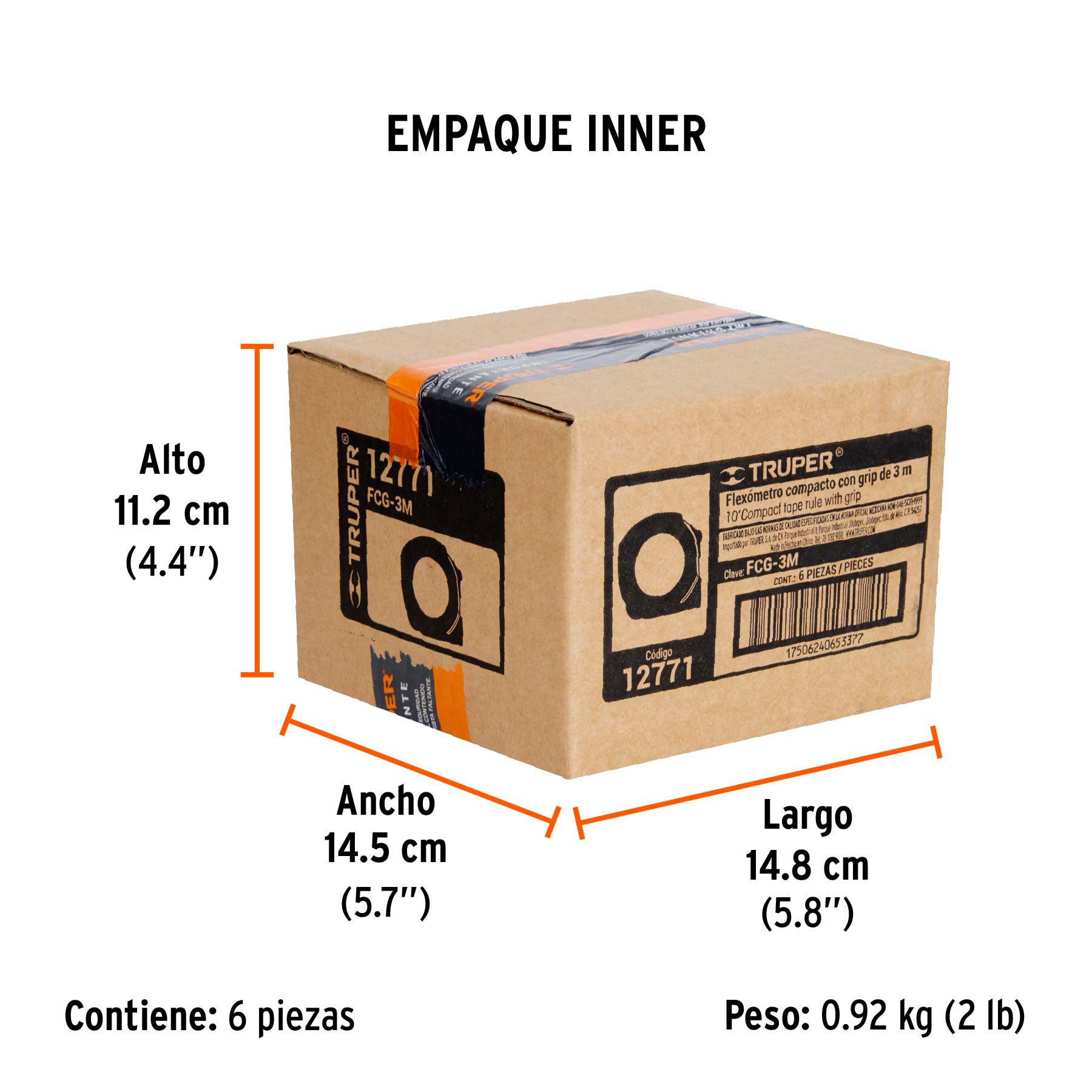 Flexómetro compacto contra impactos 3 m cinta 16 mm, TRUPER - Empaque