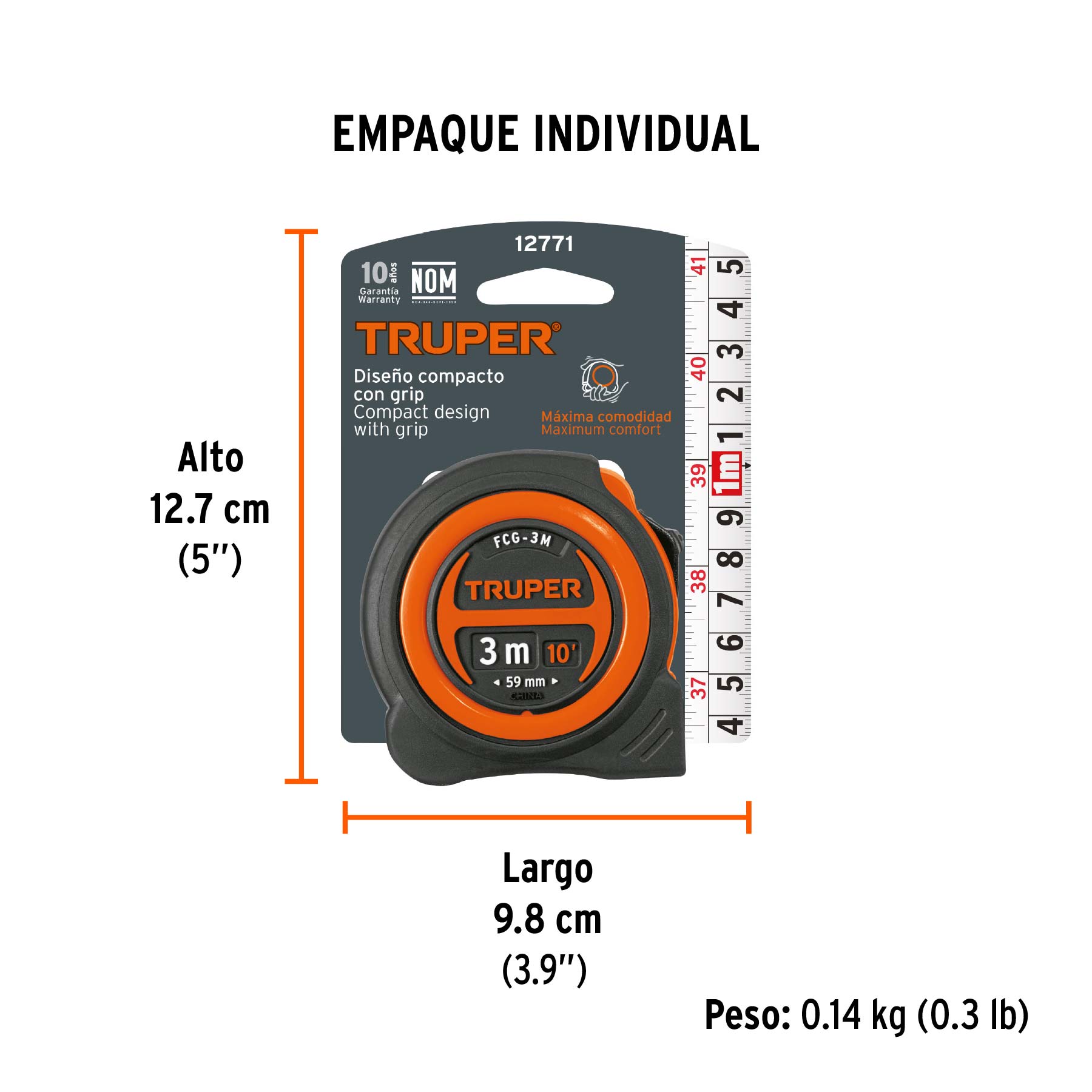 Flexómetro compacto contra impactos 3 m cinta 16 mm, TRUPER - Empaque