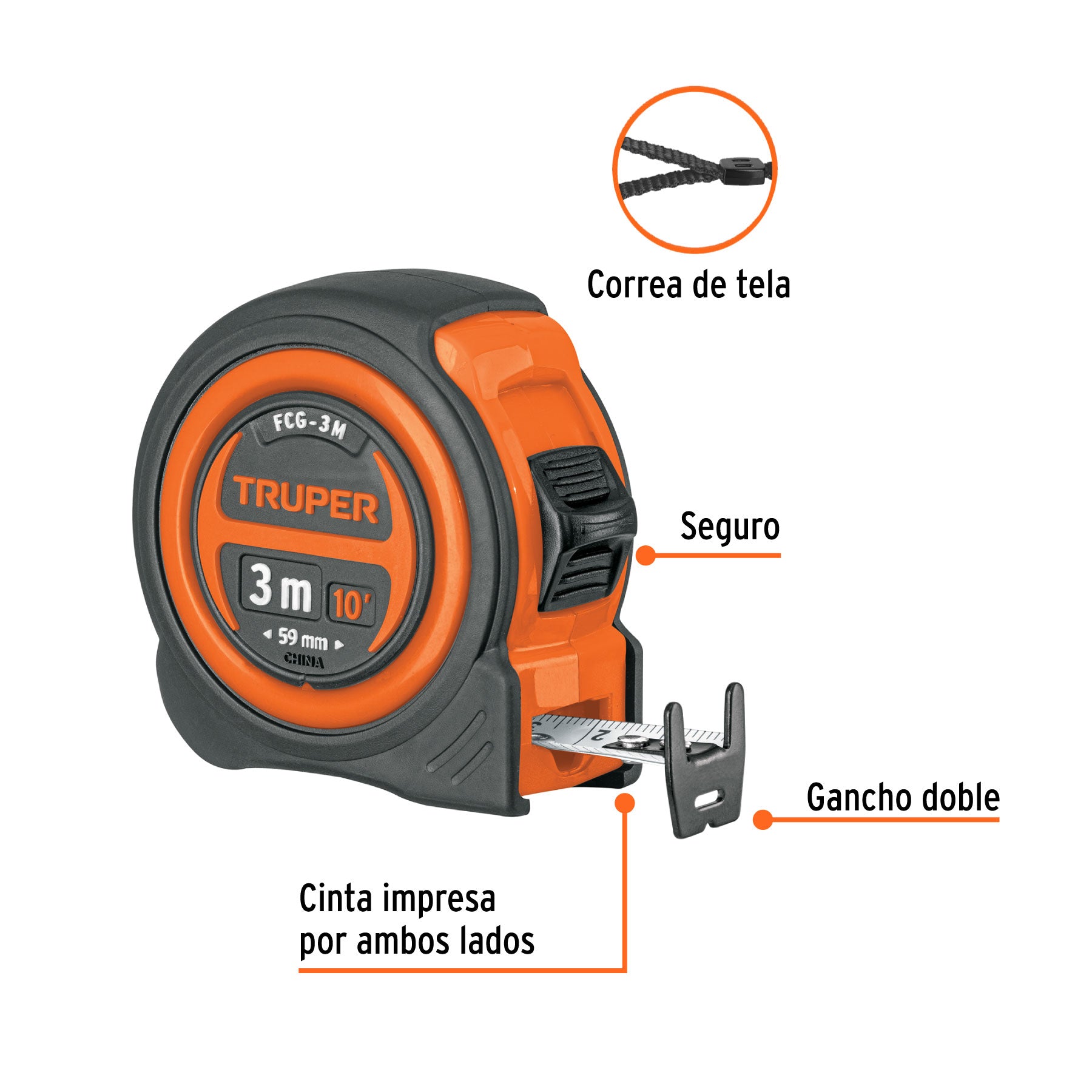 Flexómetro compacto contra impactos 3 m cinta 16 mm, TRUPER