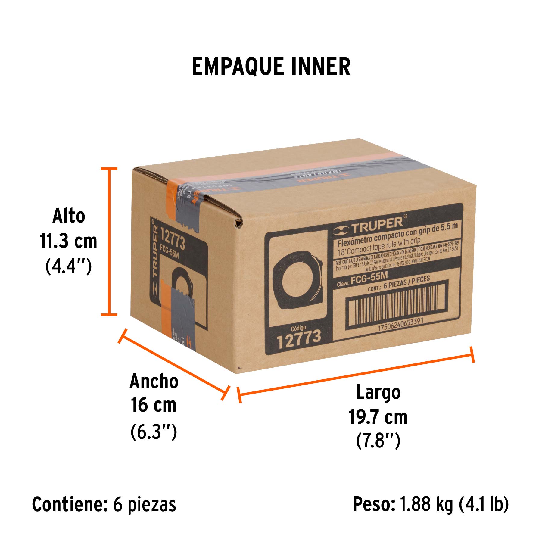 Flexómetro compacto contra impactos 5.5 m cinta 25 mm,TRUPER - Empaque