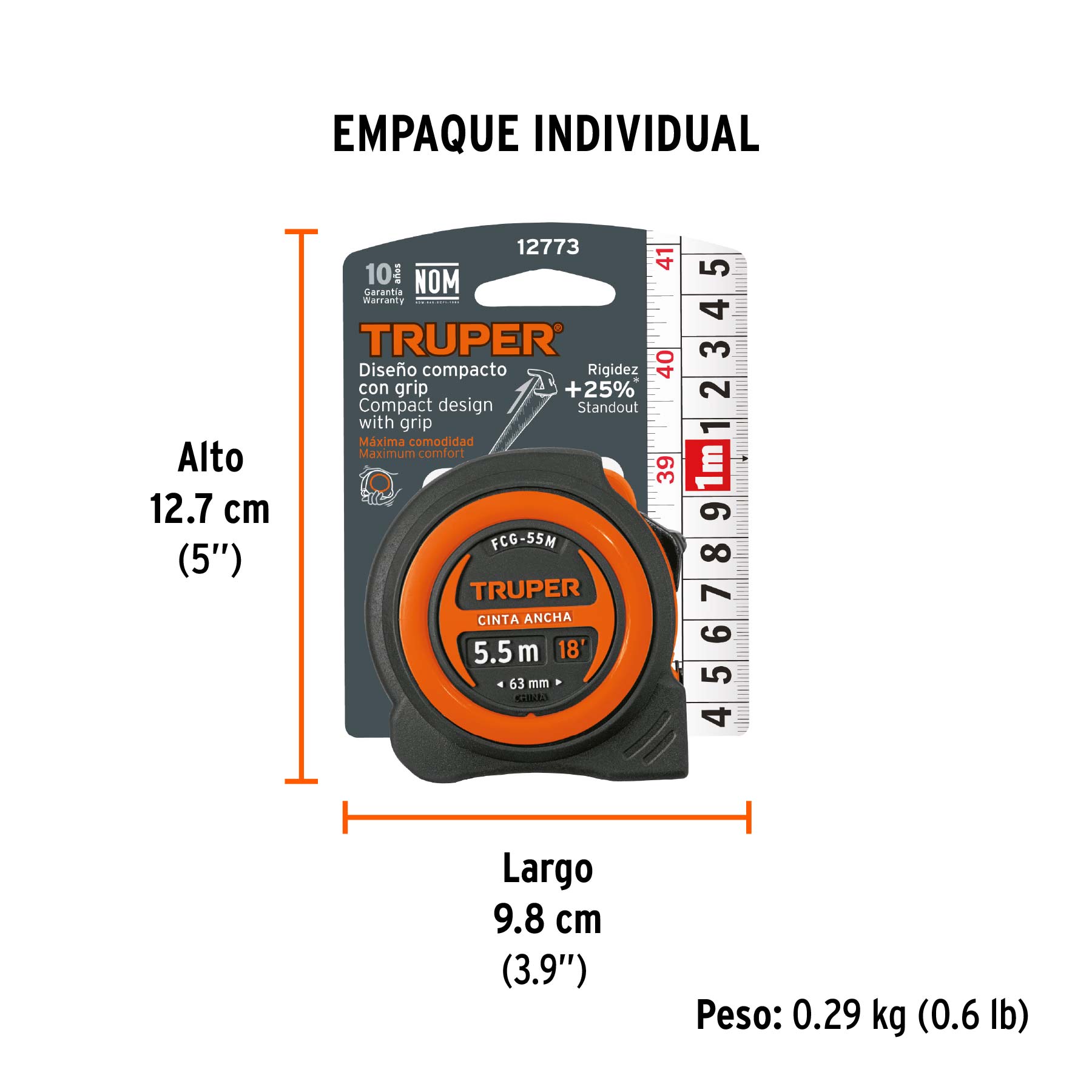 Flexómetro compacto contra impactos 5.5 m cinta 25 mm,TRUPER - Empaque