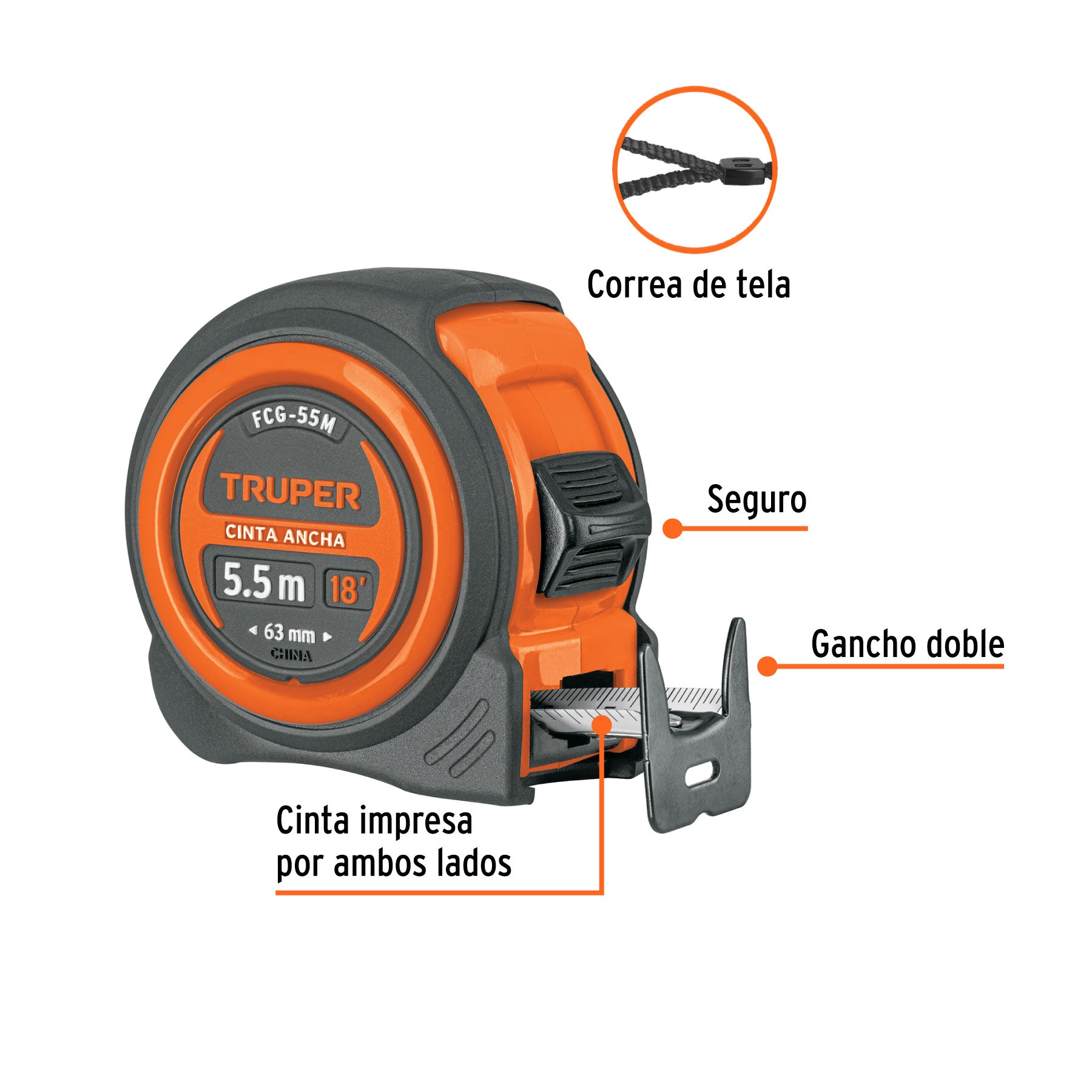 Flexómetro compacto contra impactos 5.5 m cinta 25 mm,TRUPER