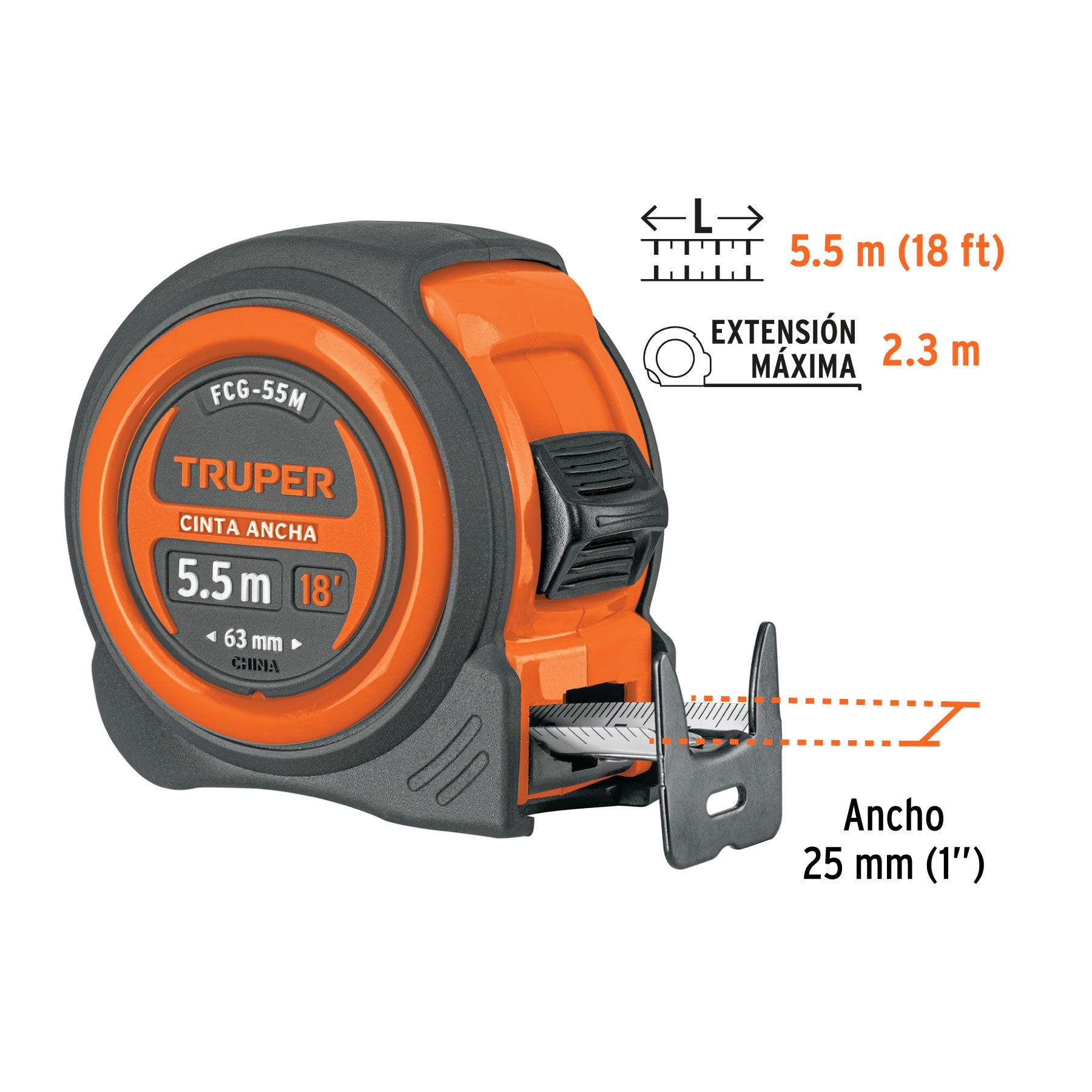 Flexómetro compacto contra impactos 5.5 m cinta 25 mm,TRUPER
