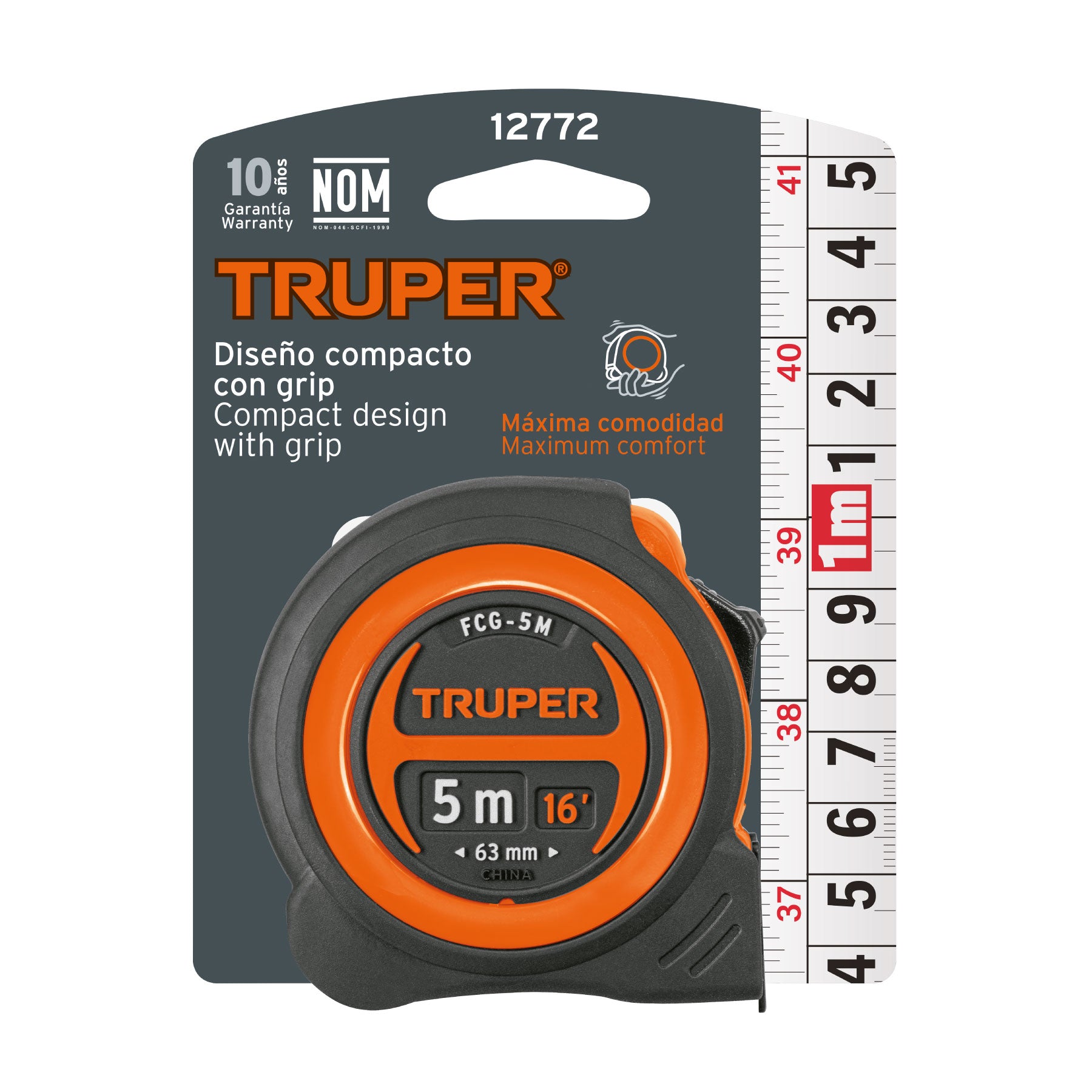 Flexómetro compacto contra impactos 5 m cinta 19 mm, TRUPER