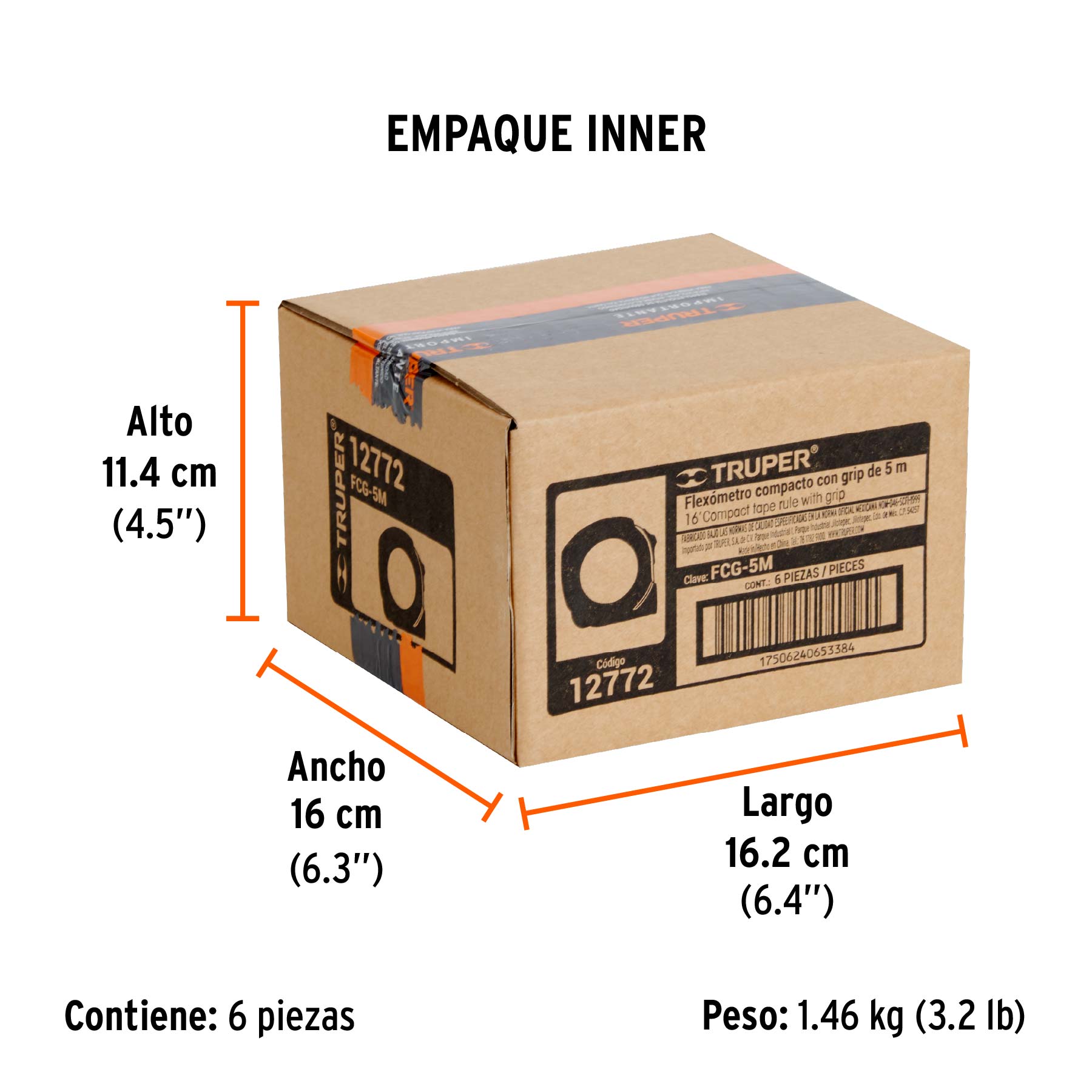Flexómetro compacto contra impactos 5 m cinta 19 mm, TRUPER - Empaque