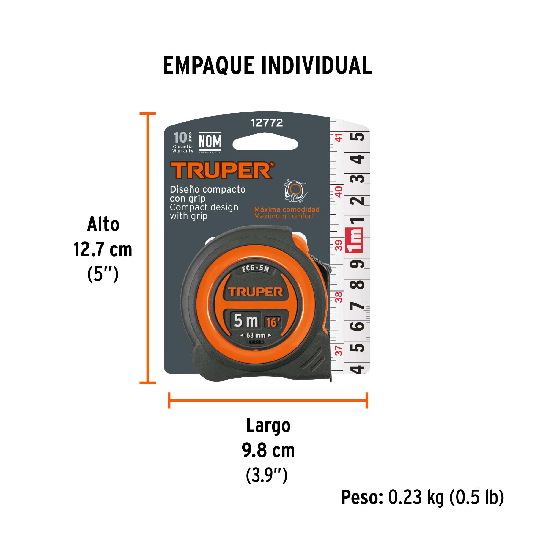 Flexómetro compacto contra impactos 5 m cinta 19 mm, TRUPER - Empaque