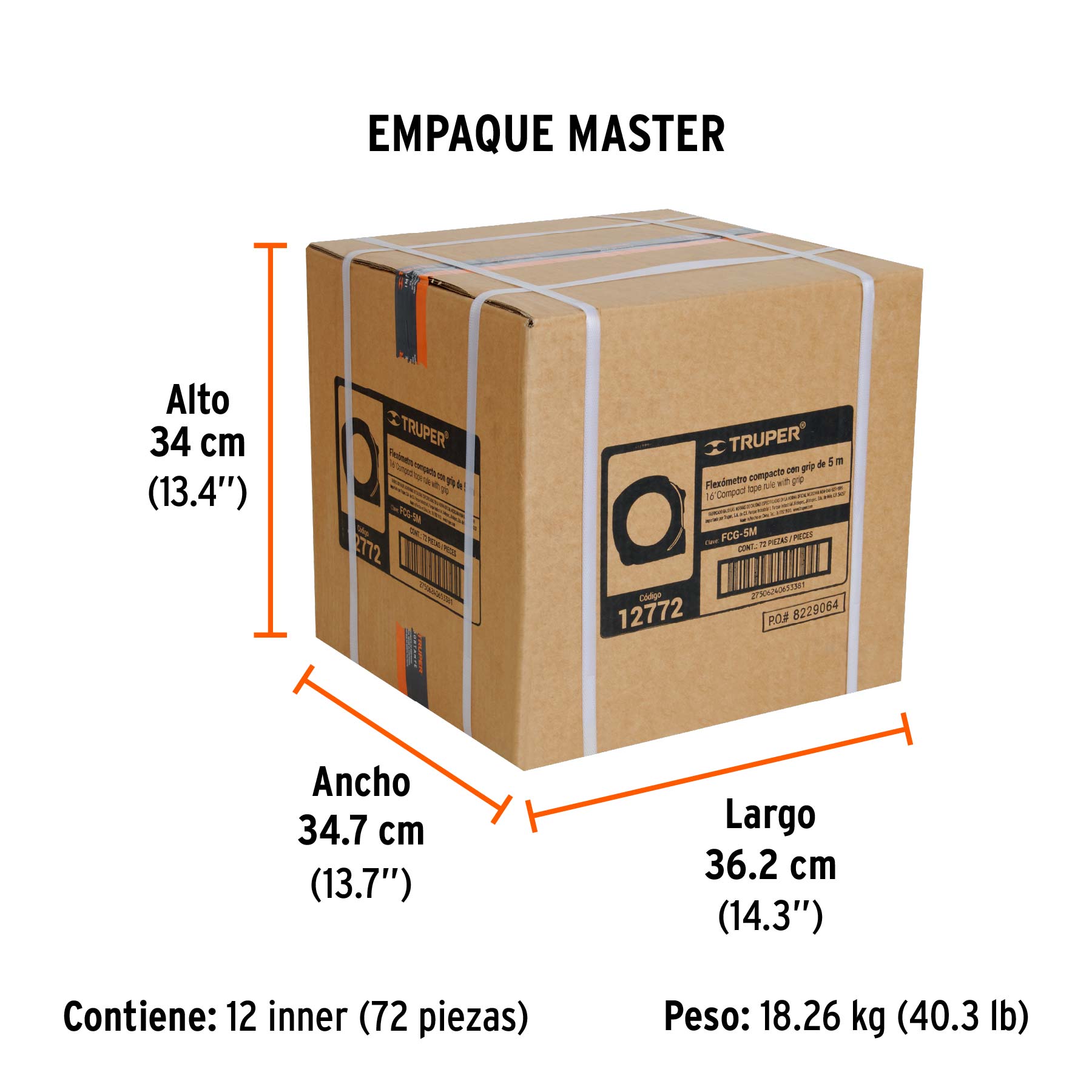 Flexómetro compacto contra impactos 5 m cinta 19 mm, TRUPER - Empaque