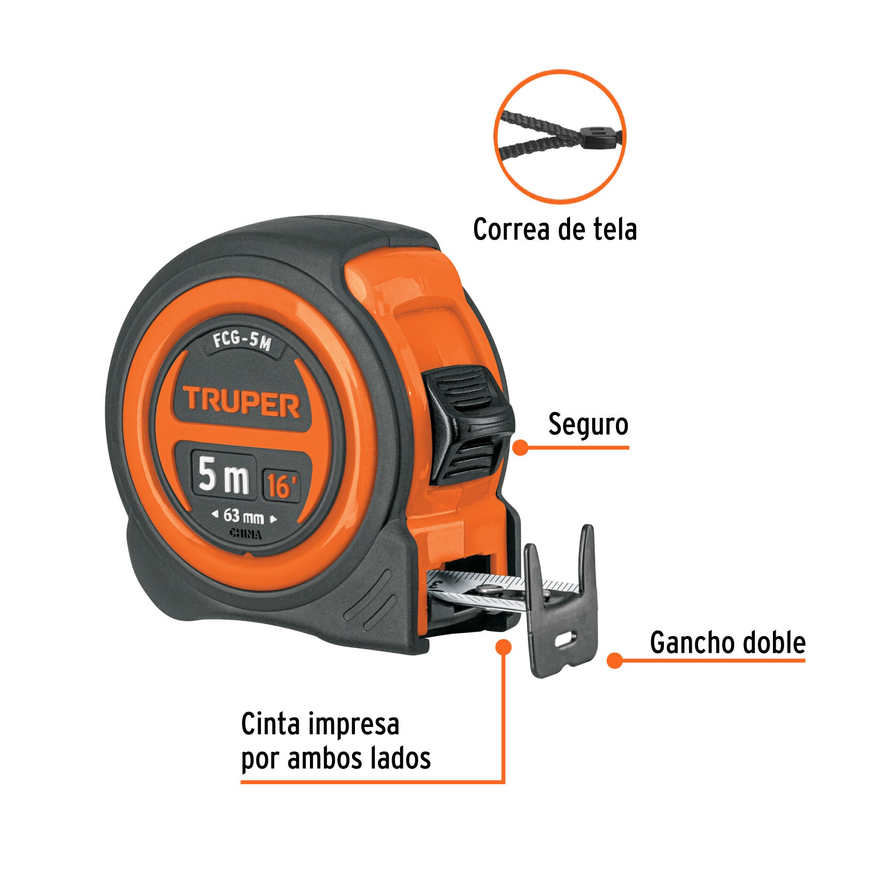 Flexómetro compacto contra impactos 5 m cinta 19 mm, TRUPER
