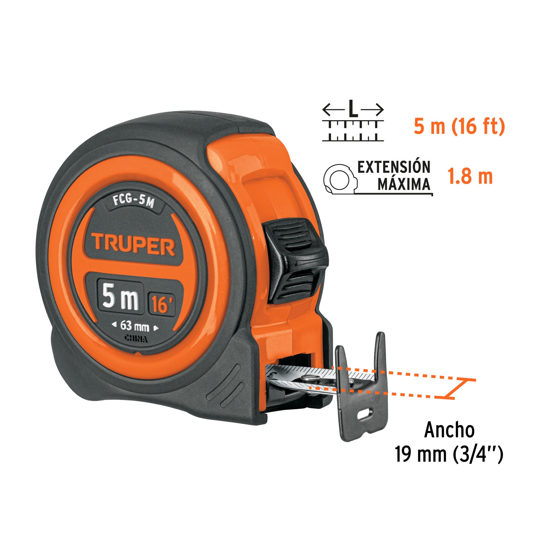 Flexómetro compacto contra impactos 5 m cinta 19 mm, TRUPER