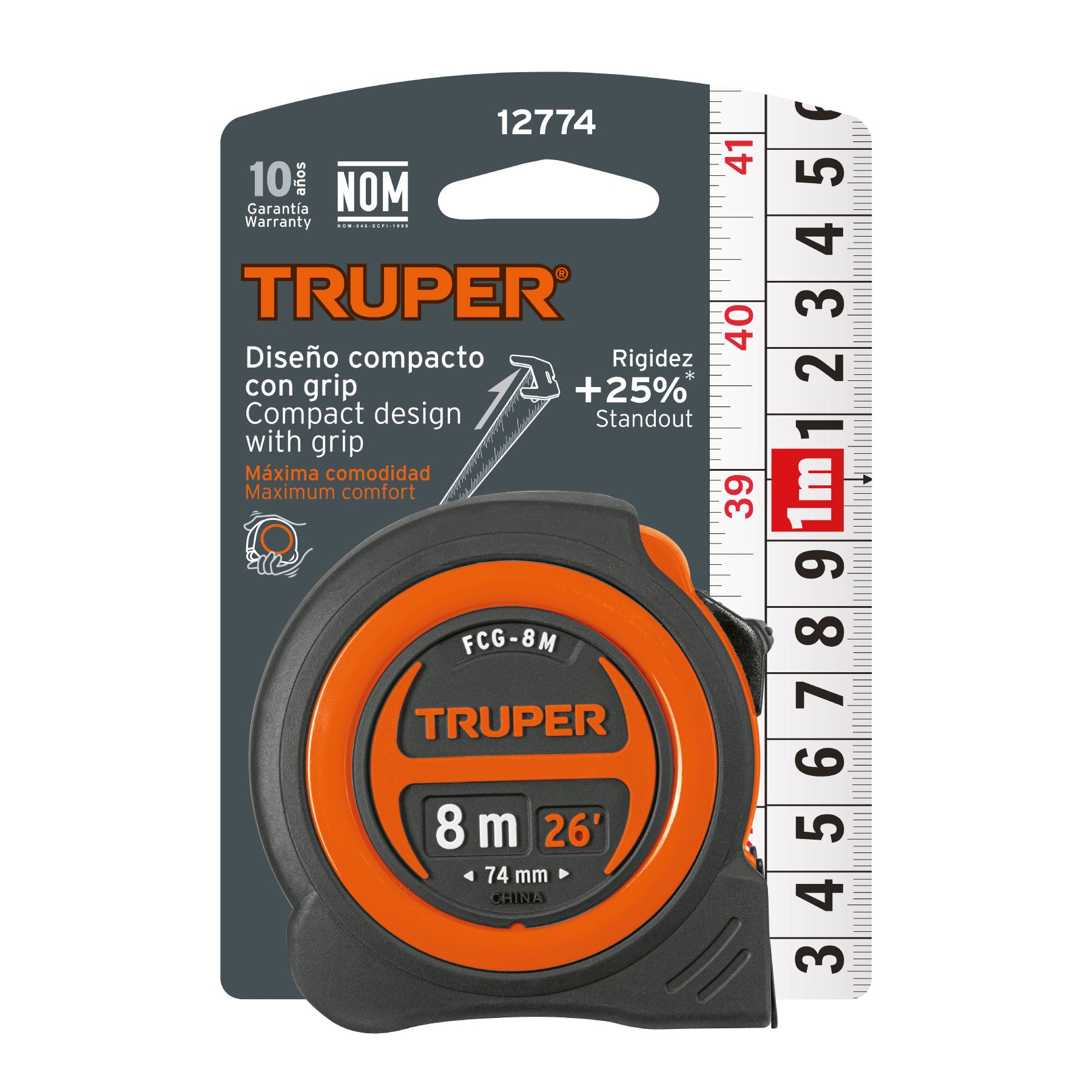 Flexómetro compacto contra impactos 8 m cinta 25 mm, TRUPER