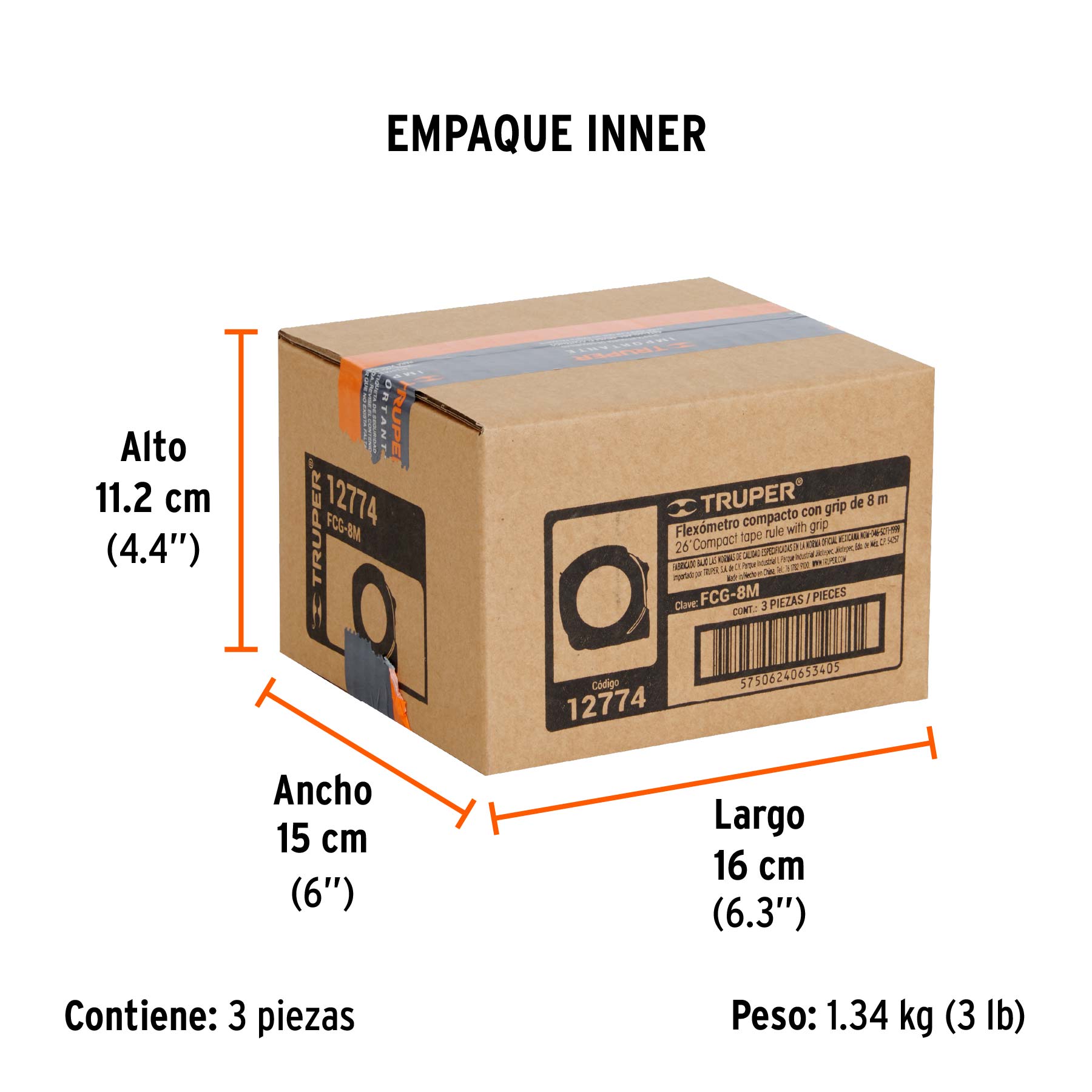 Flexómetro compacto contra impactos 8 m cinta 25 mm, TRUPER - Empaque
