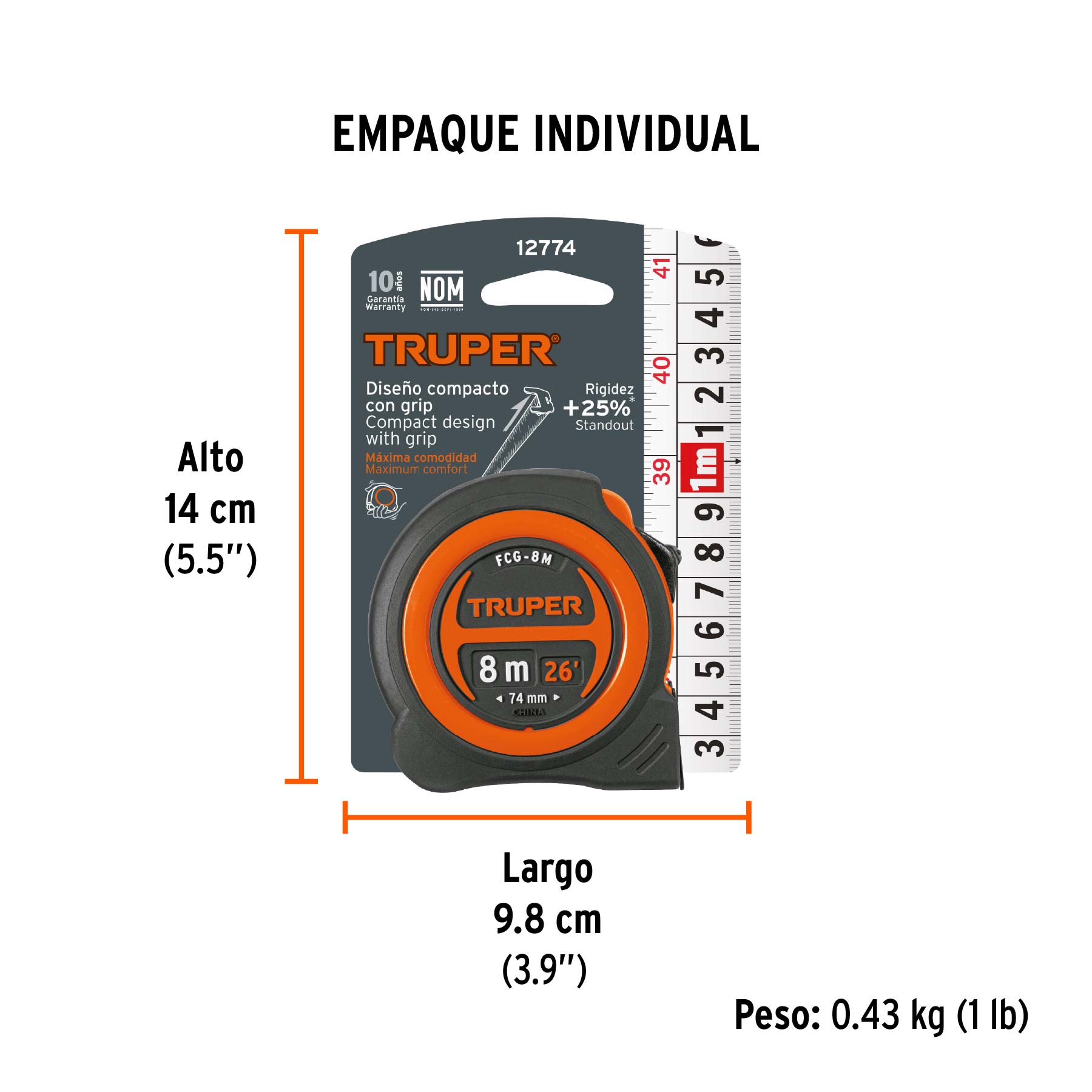 Flexómetro compacto contra impactos 8 m cinta 25 mm, TRUPER - Empaque