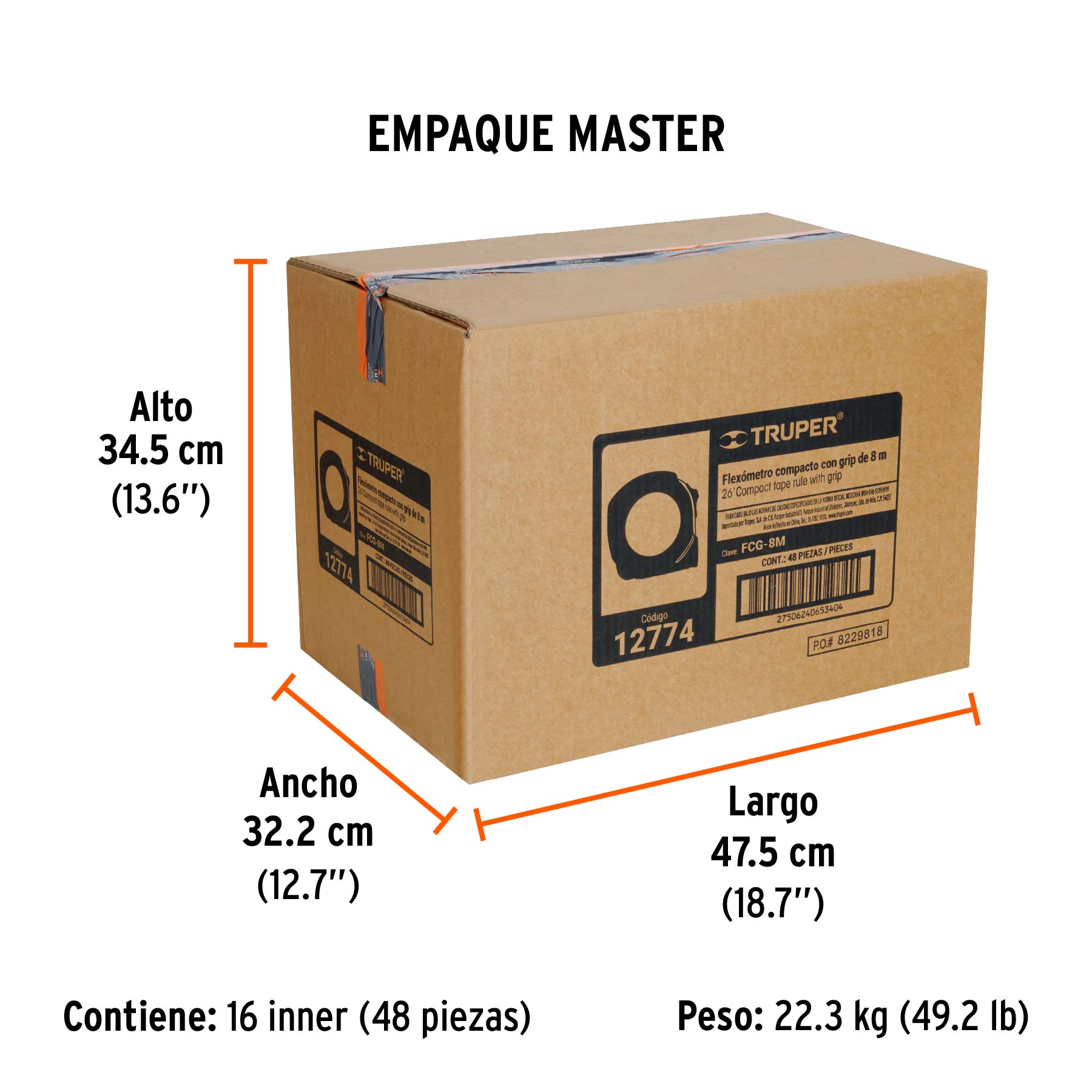 Flexómetro compacto contra impactos 8 m cinta 25 mm, TRUPER - Empaque