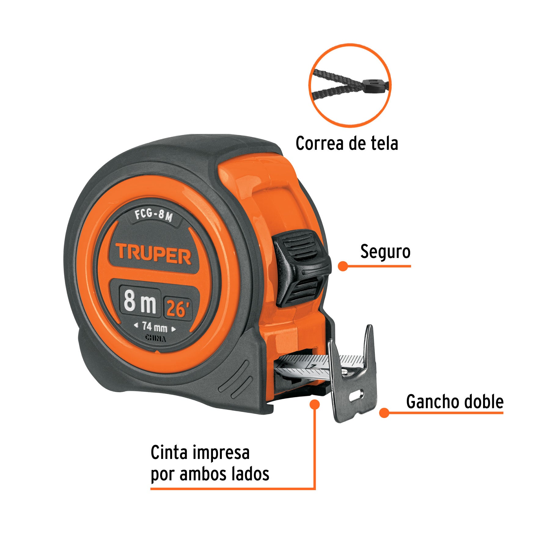 Flexómetro compacto contra impactos 8 m cinta 25 mm, TRUPER
