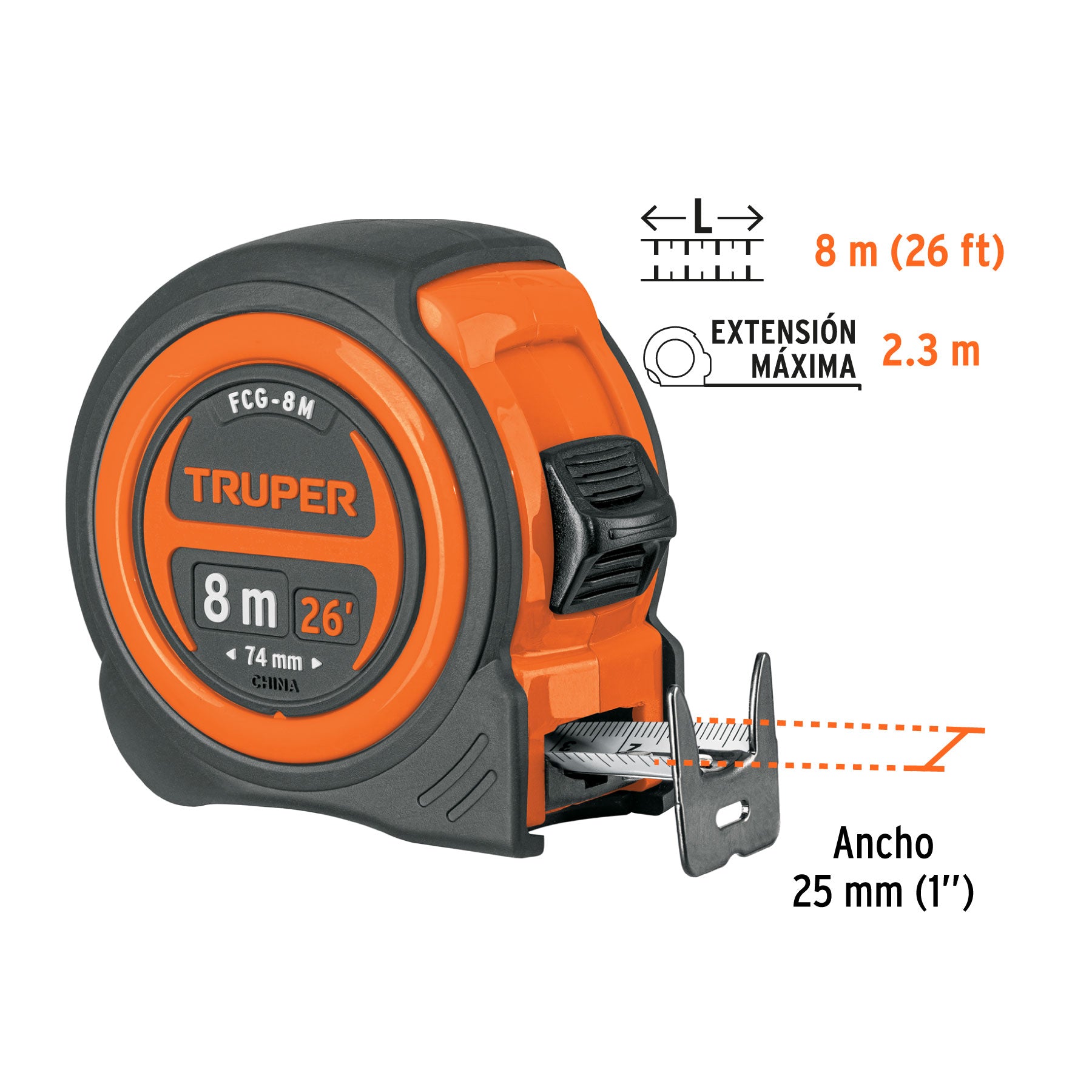 Flexómetro compacto contra impactos 8 m cinta 25 mm, TRUPER