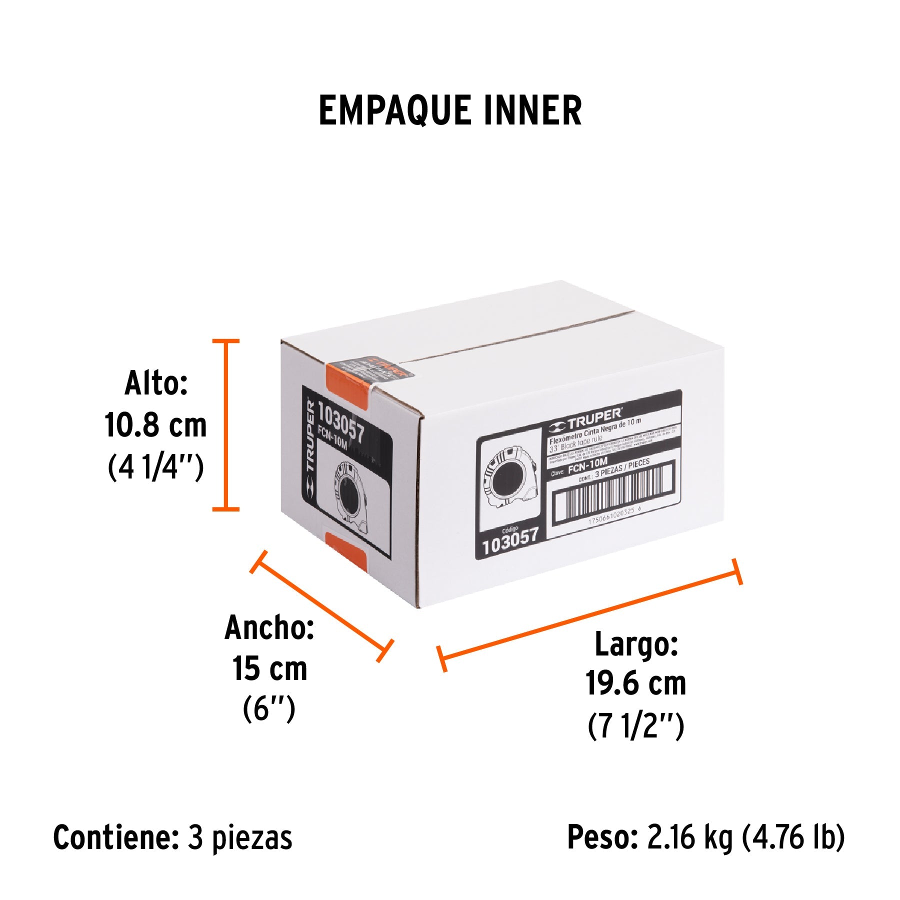Flexómetro contra impactos 10 m, Cinta Negra 32 mm, TRUPER - Empaque