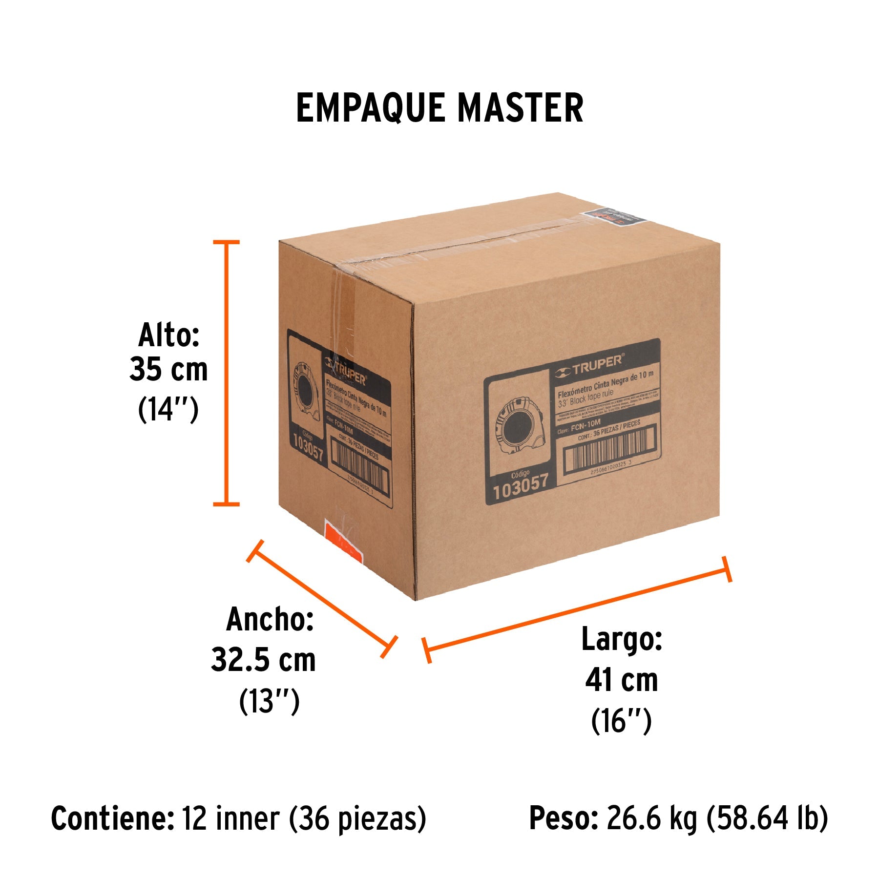 Flexómetro contra impactos 10 m, Cinta Negra 32 mm, TRUPER - Empaque