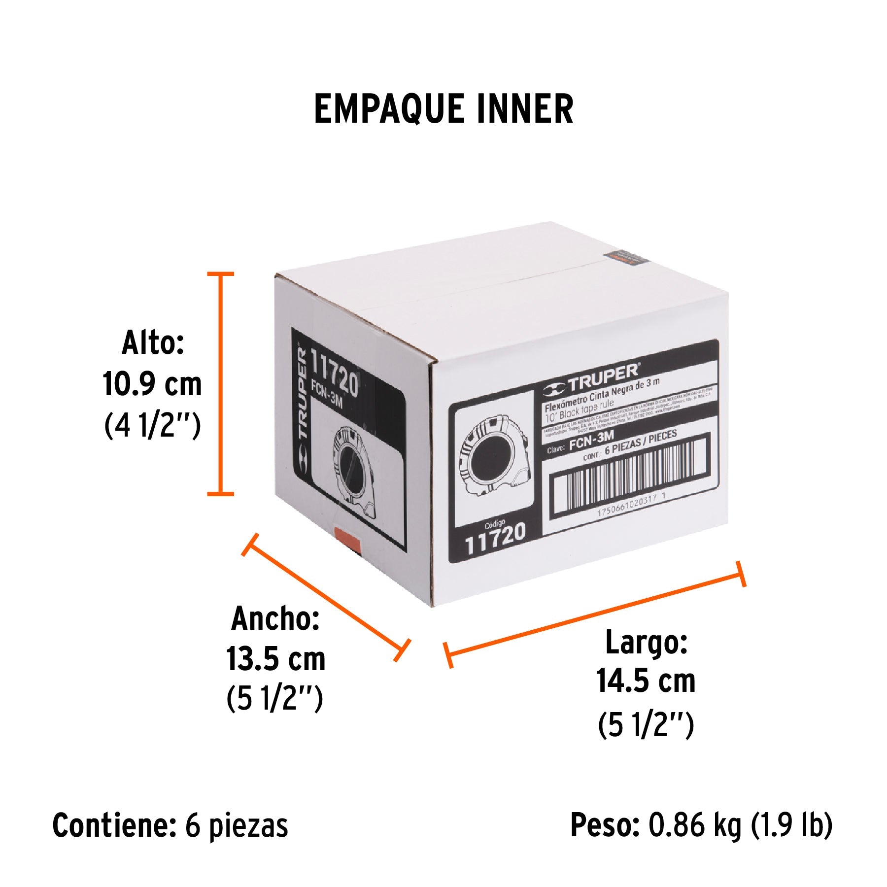 Flexómetro contra impactos 3 m, Cinta Negra 13 mm, TRUPER - Empaque