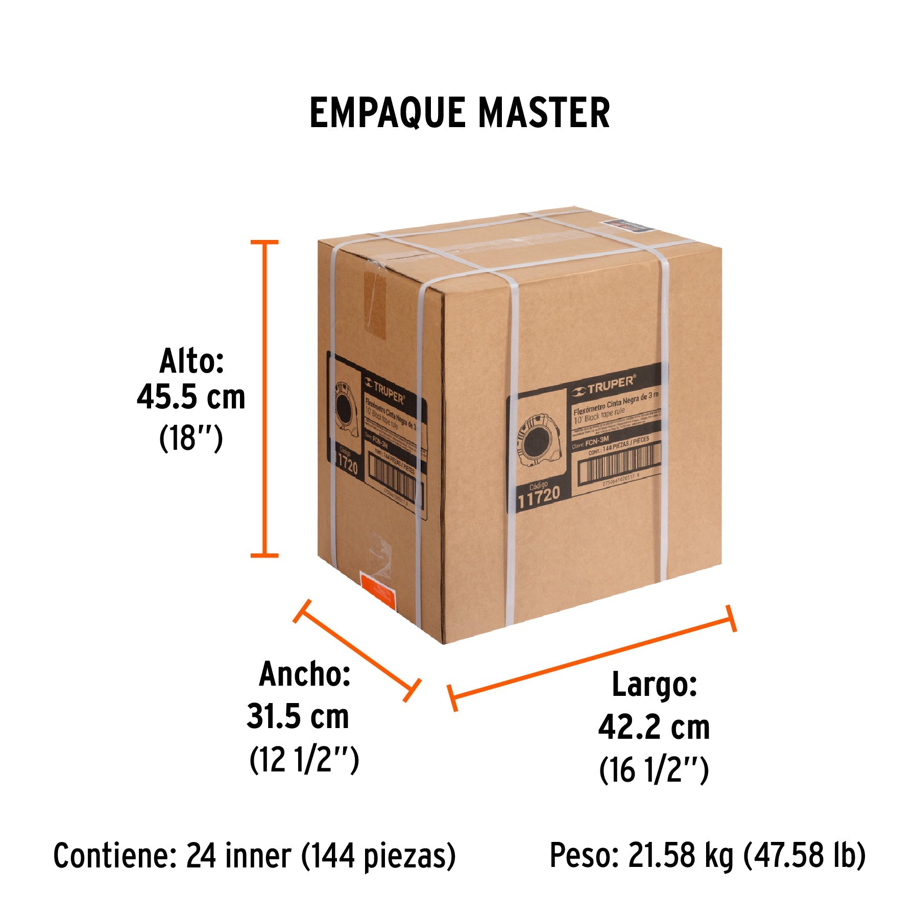 Flexómetro contra impactos 3 m, Cinta Negra 13 mm, TRUPER - Empaque