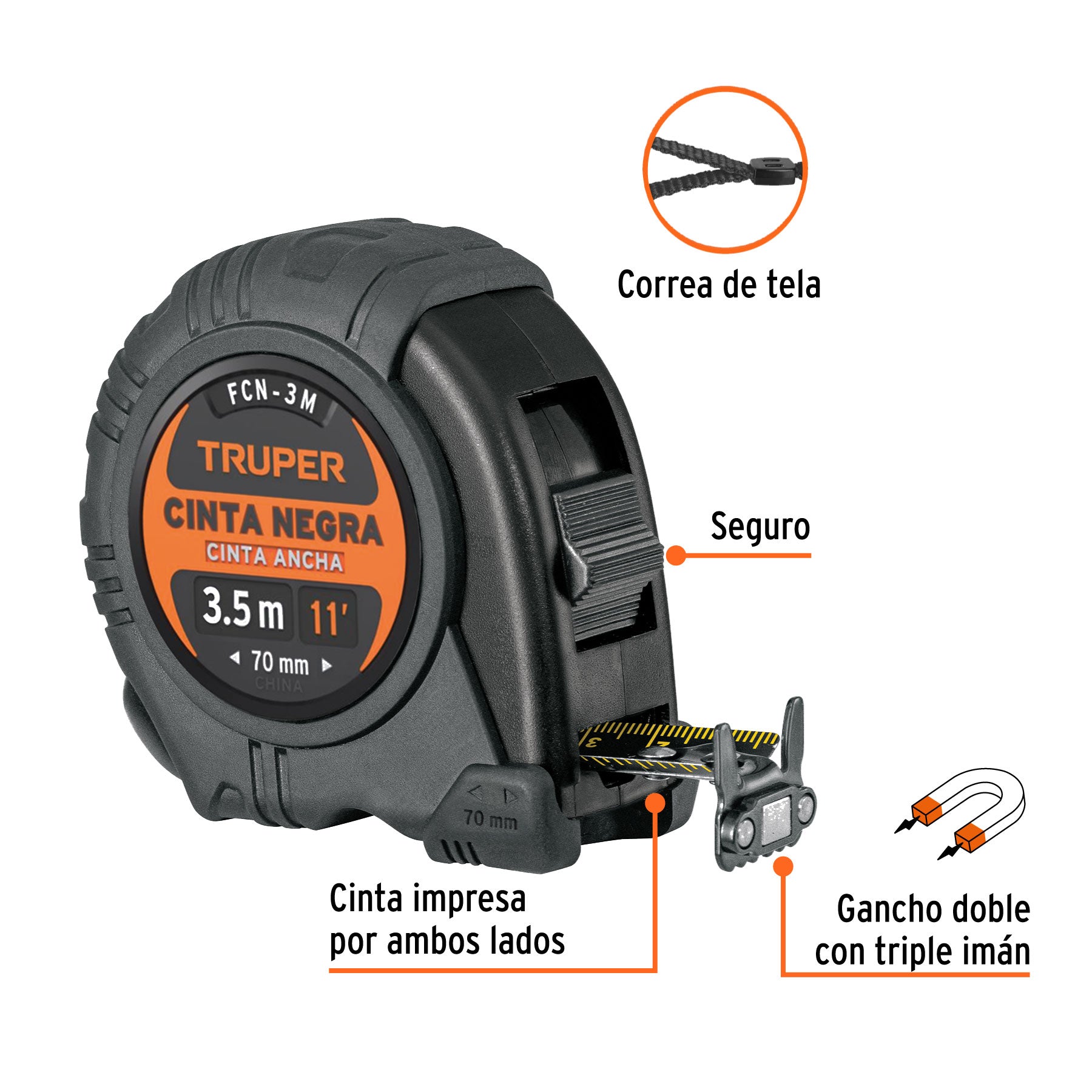 Flexómetro contra impactos 3 m, Cinta Negra 13 mm, TRUPER
