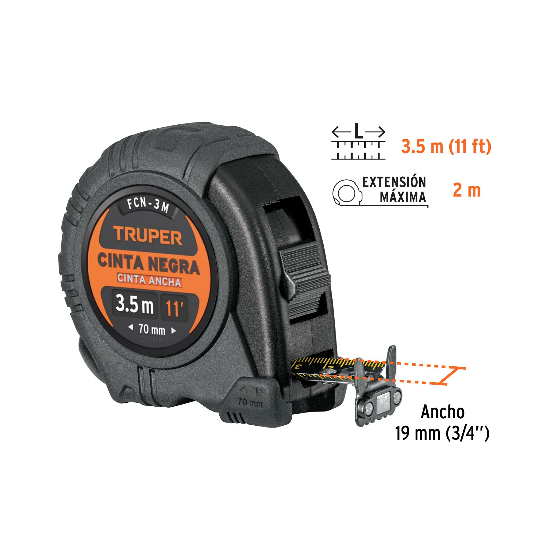 Flexómetro contra impactos 3 m, Cinta Negra 13 mm, TRUPER