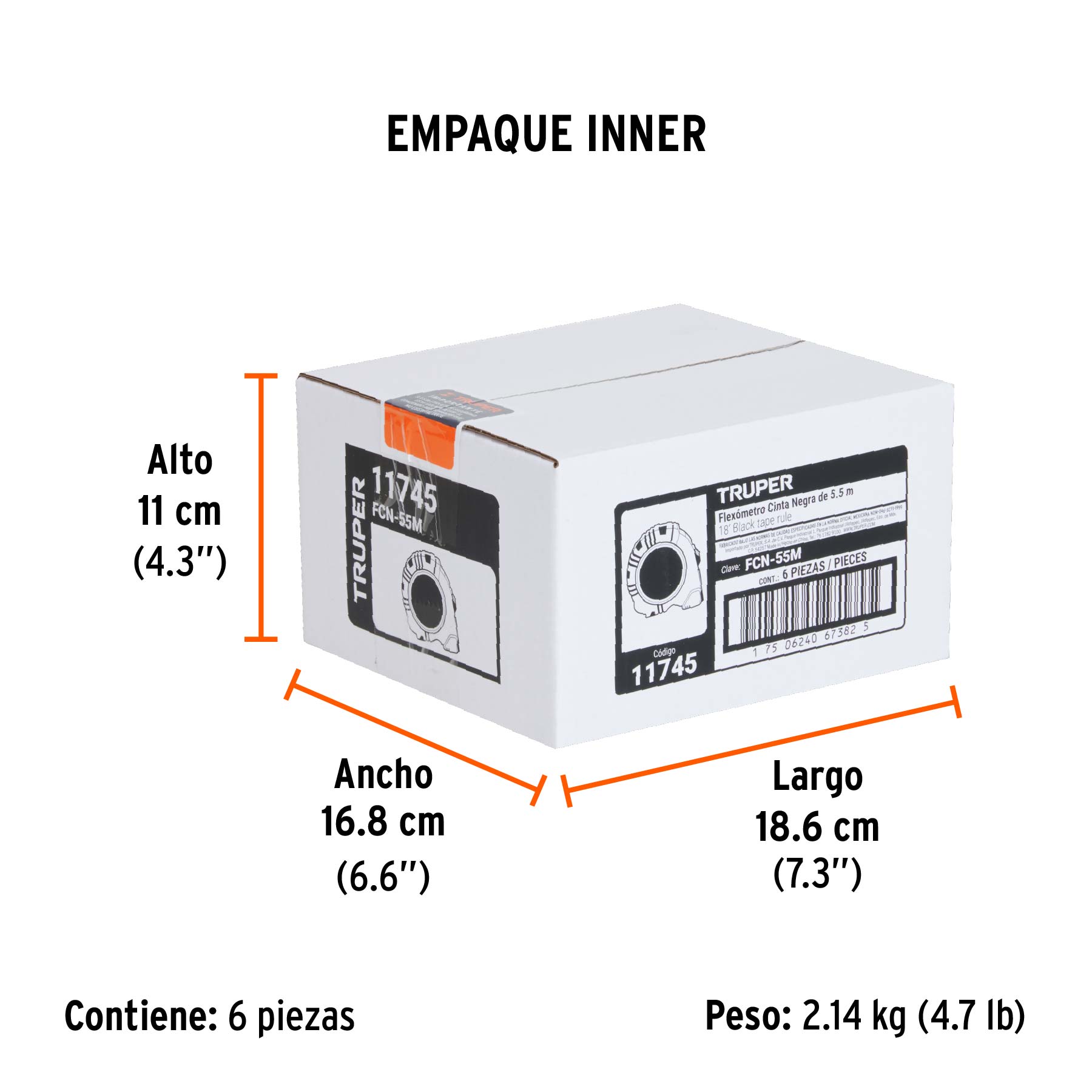 Flexómetro contra impactos 5.5 m, Cinta Negra 25 mm, TRUPER - Empaque