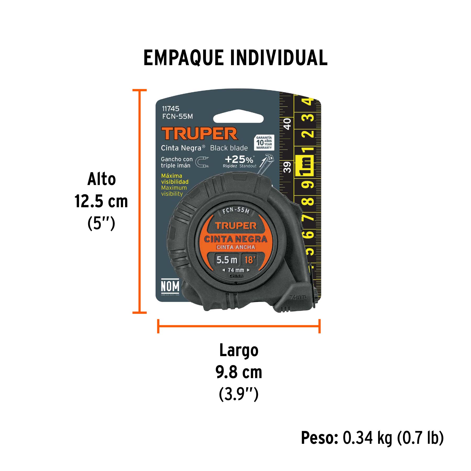 Flexómetro contra impactos 5.5 m, Cinta Negra 25 mm, TRUPER - Empaque