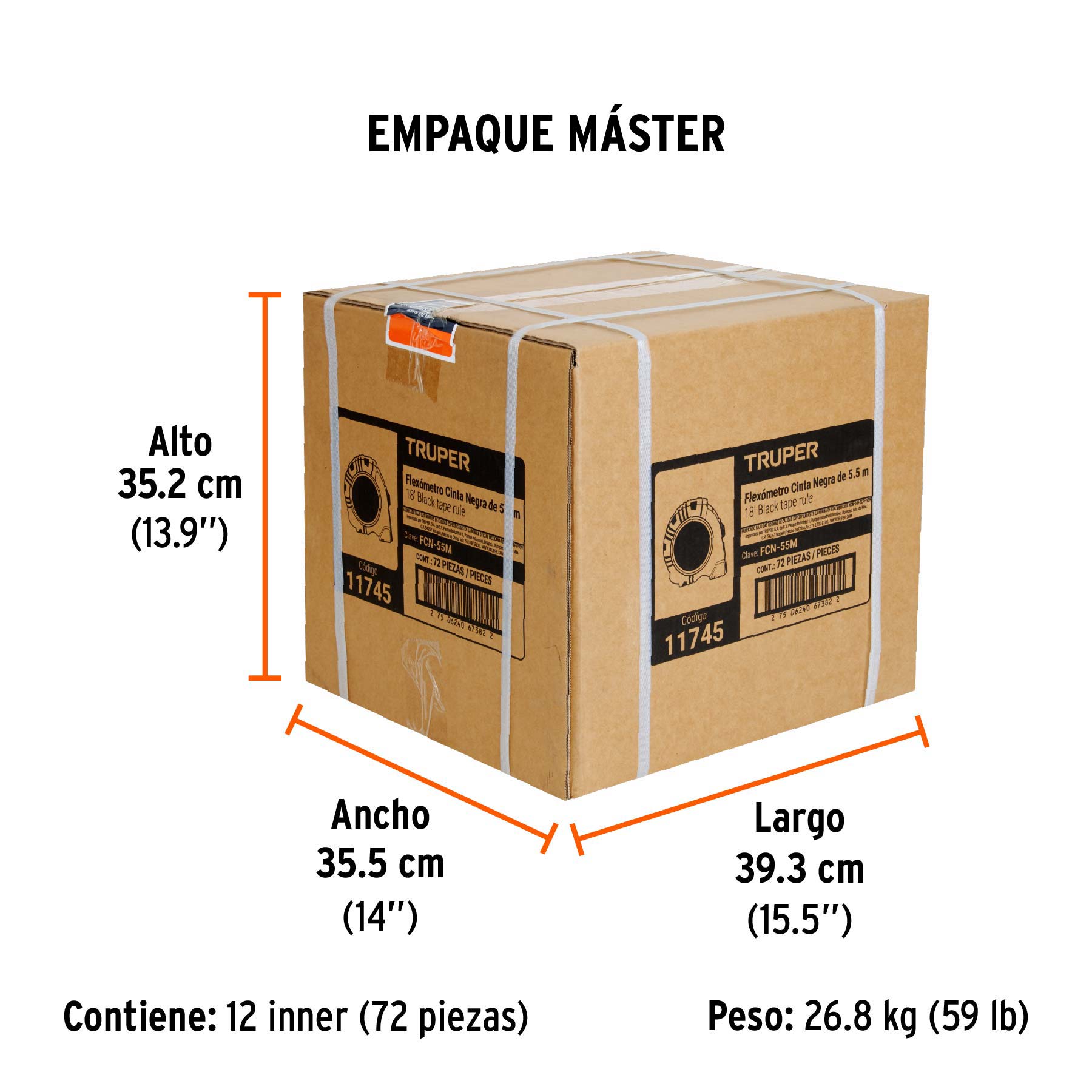 Flexómetro contra impactos 5.5 m, Cinta Negra 25 mm, TRUPER - Empaque