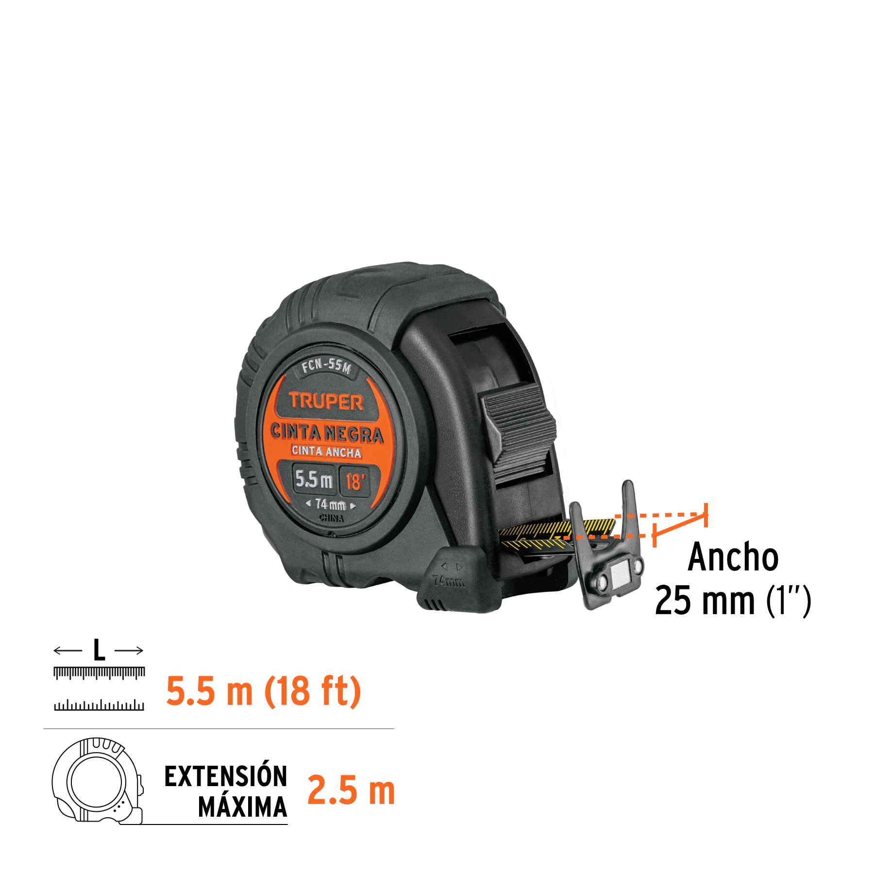 Flexómetro contra impactos 5.5 m, Cinta Negra 25 mm, TRUPER