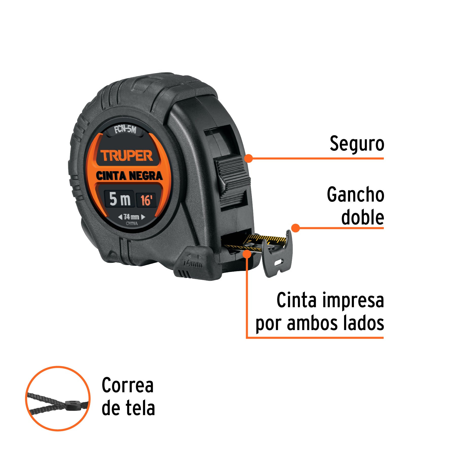 Flexómetro contra impactos 5 m, Cinta Negra 19 mm, TRUPER