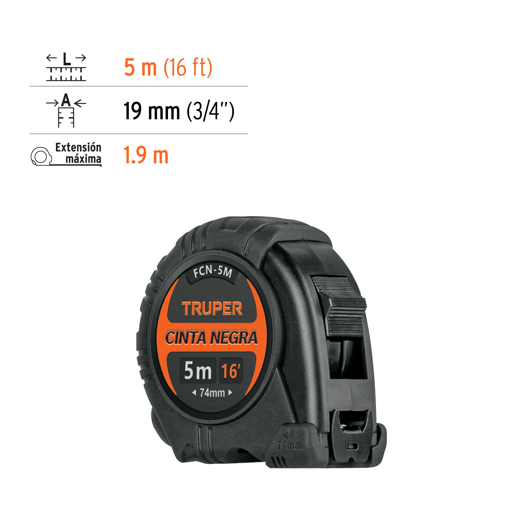 Flexómetro contra impactos 5 m, Cinta Negra 19 mm, TRUPER