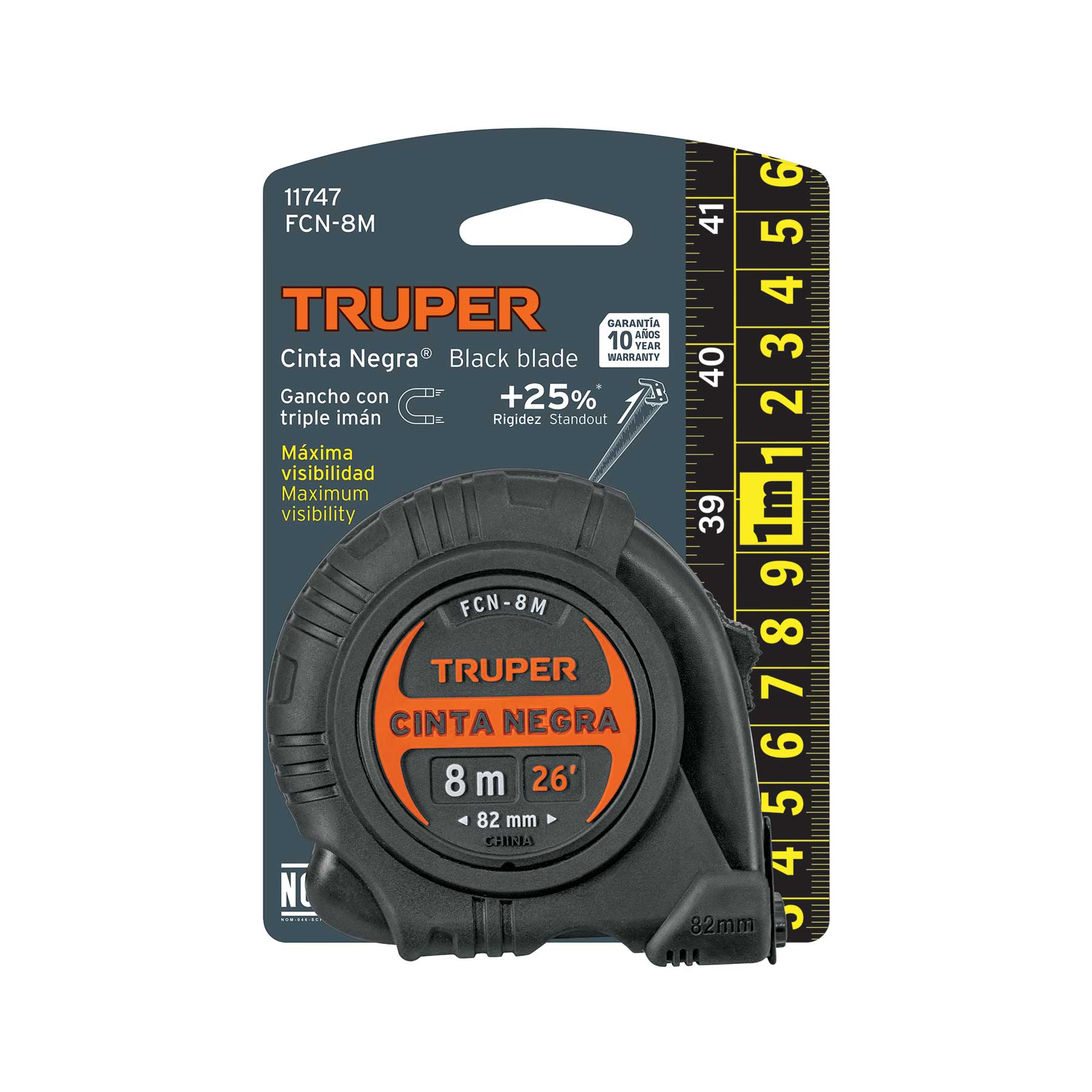 Flexómetro contra impactos 8 m, Cinta Negra 25 mm, TRUPER