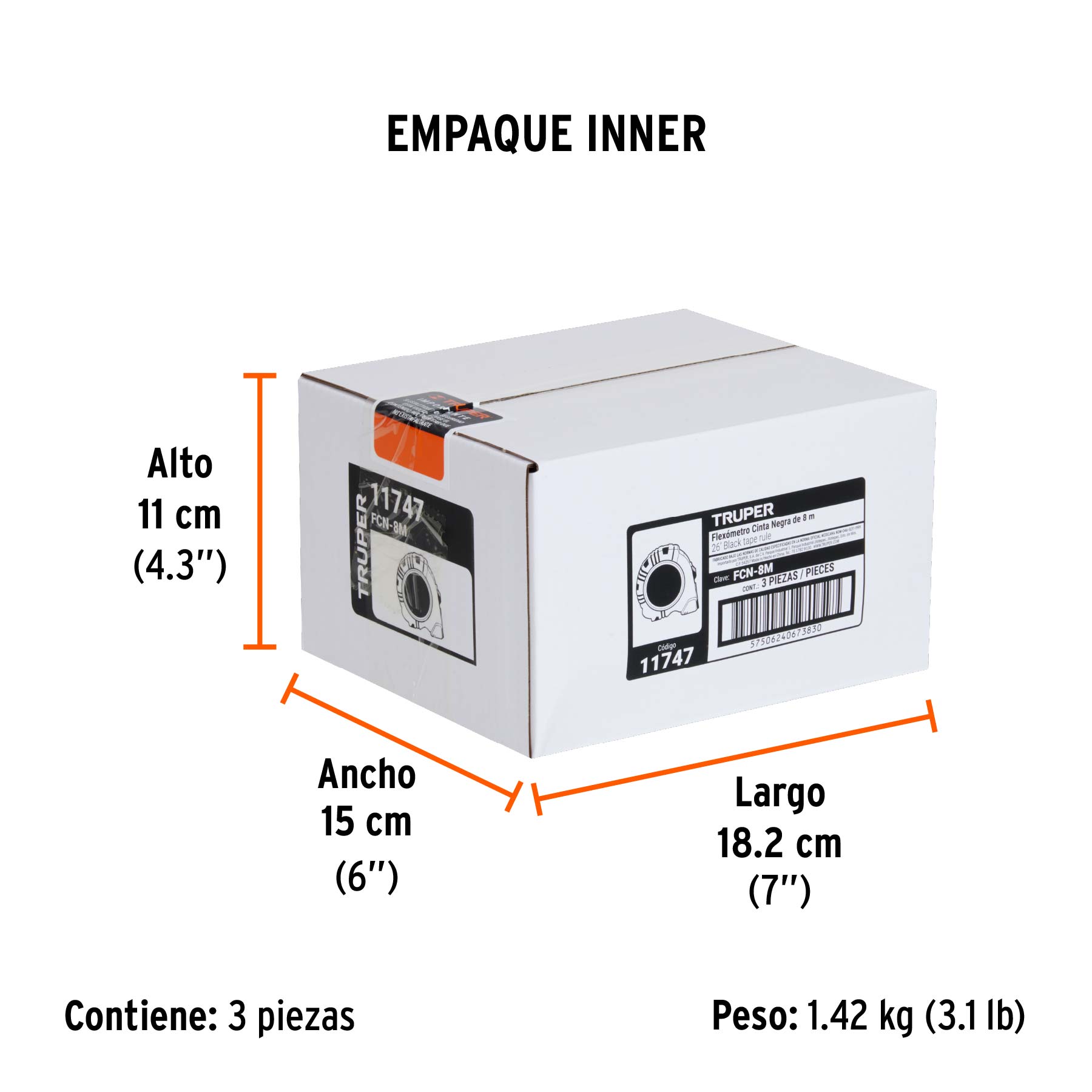 Flexómetro contra impactos 8 m, Cinta Negra 25 mm, TRUPER - Empaque