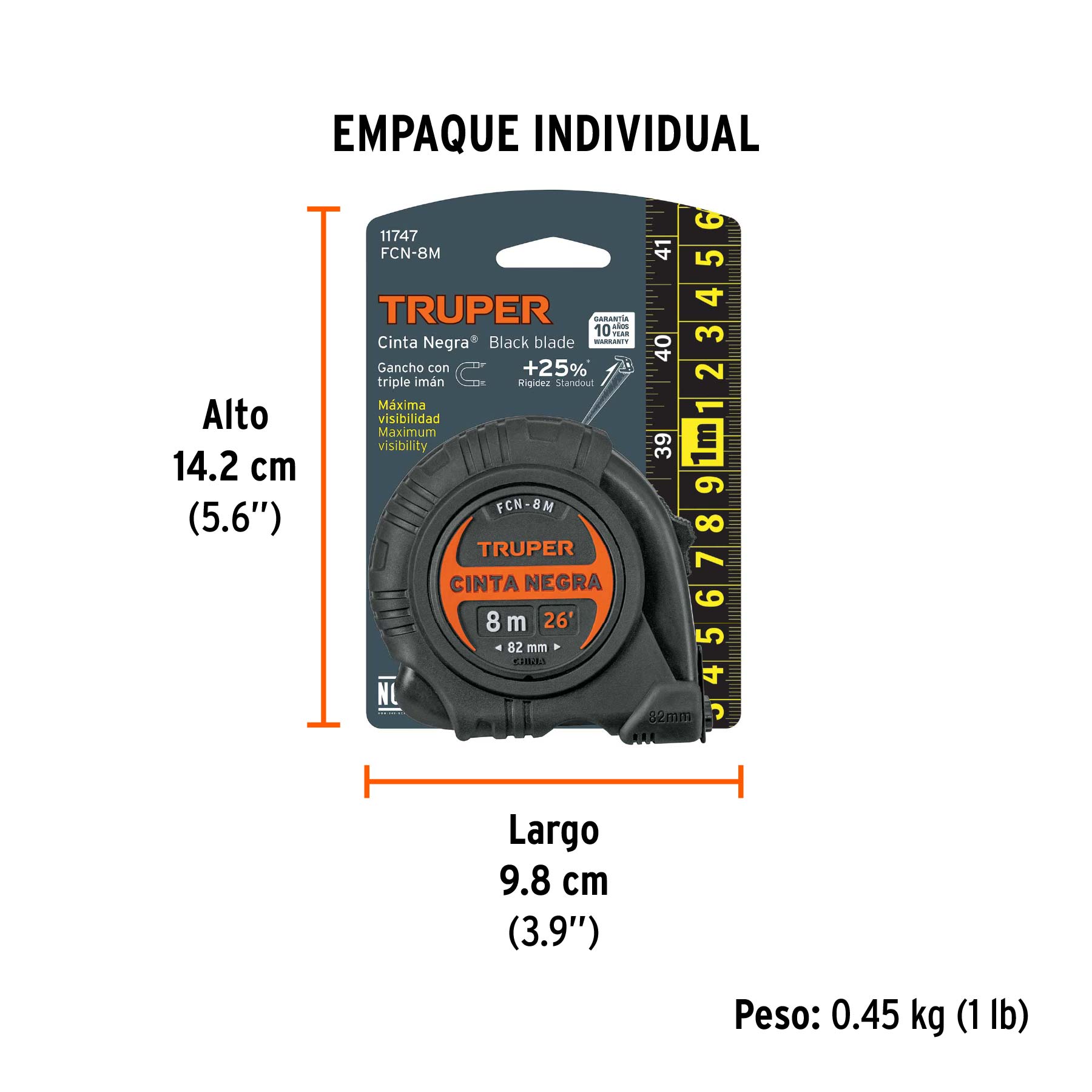Flexómetro contra impactos 8 m, Cinta Negra 25 mm, TRUPER - Empaque