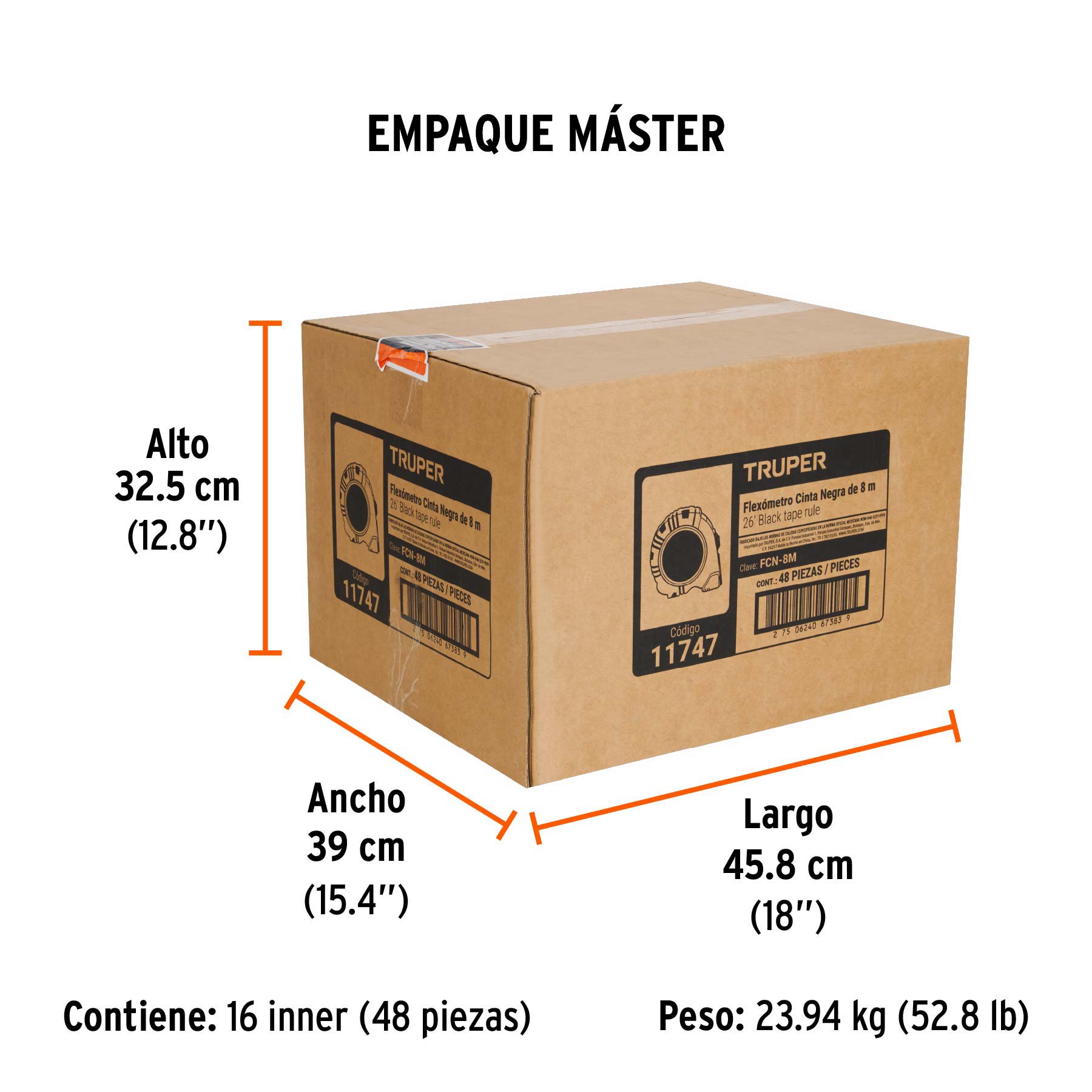 Flexómetro contra impactos 8 m, Cinta Negra 25 mm, TRUPER - Empaque