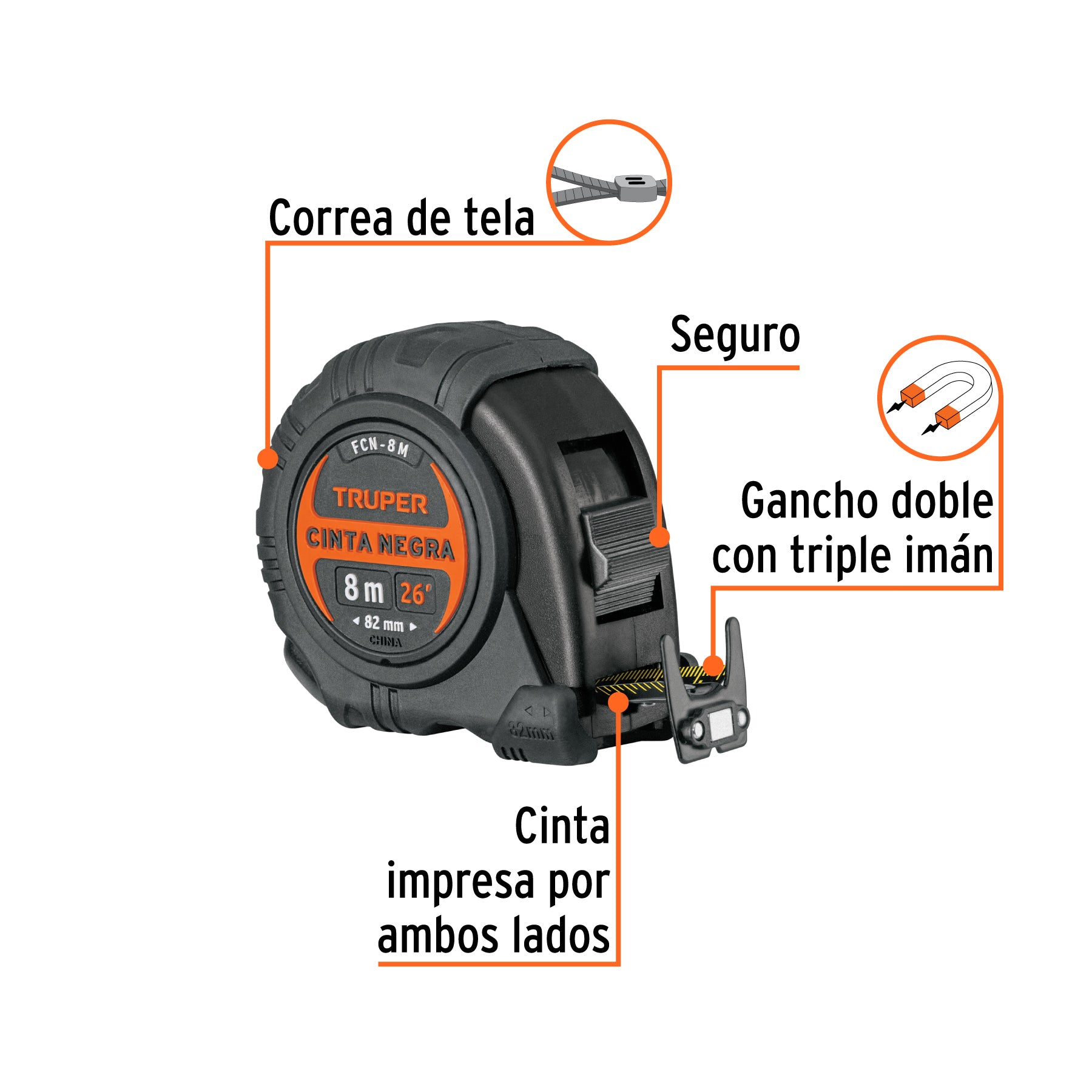 Flexómetro contra impactos 8 m, Cinta Negra 25 mm, TRUPER