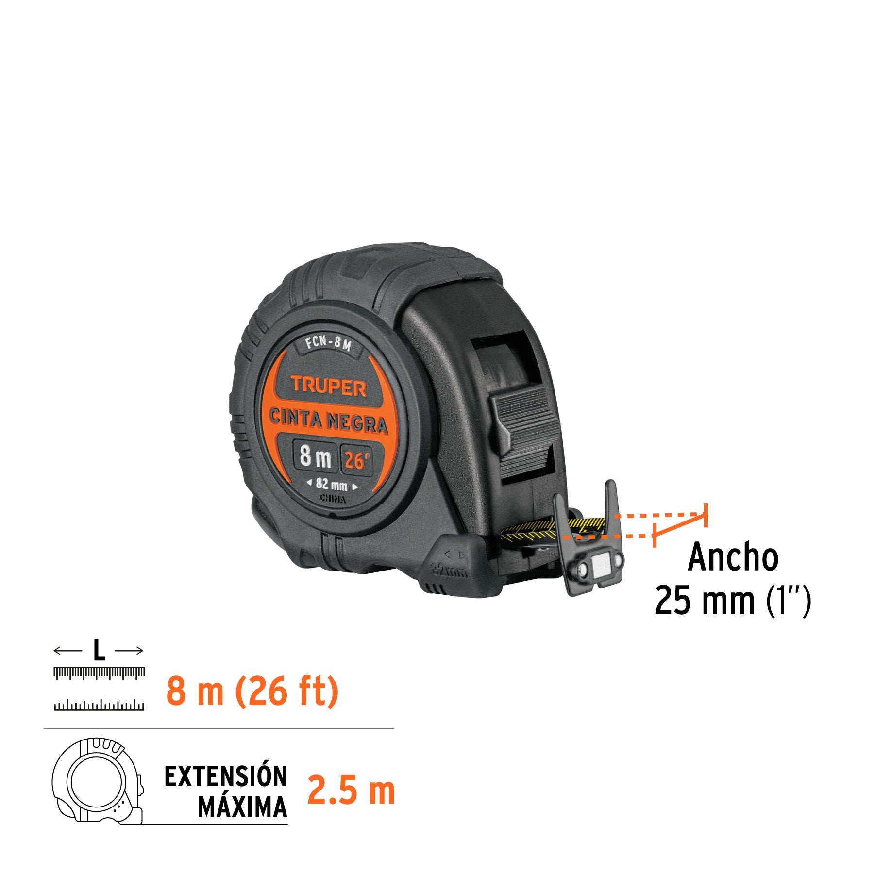 Flexómetro contra impactos 8 m, Cinta Negra 25 mm, TRUPER