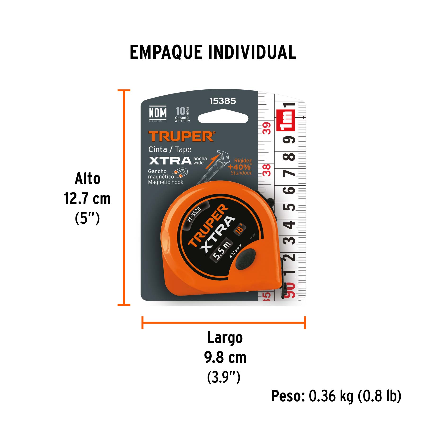 Flexómetro XTRA 5.5 m cinta extra ancha 28 mm, TRUPER - Empaque