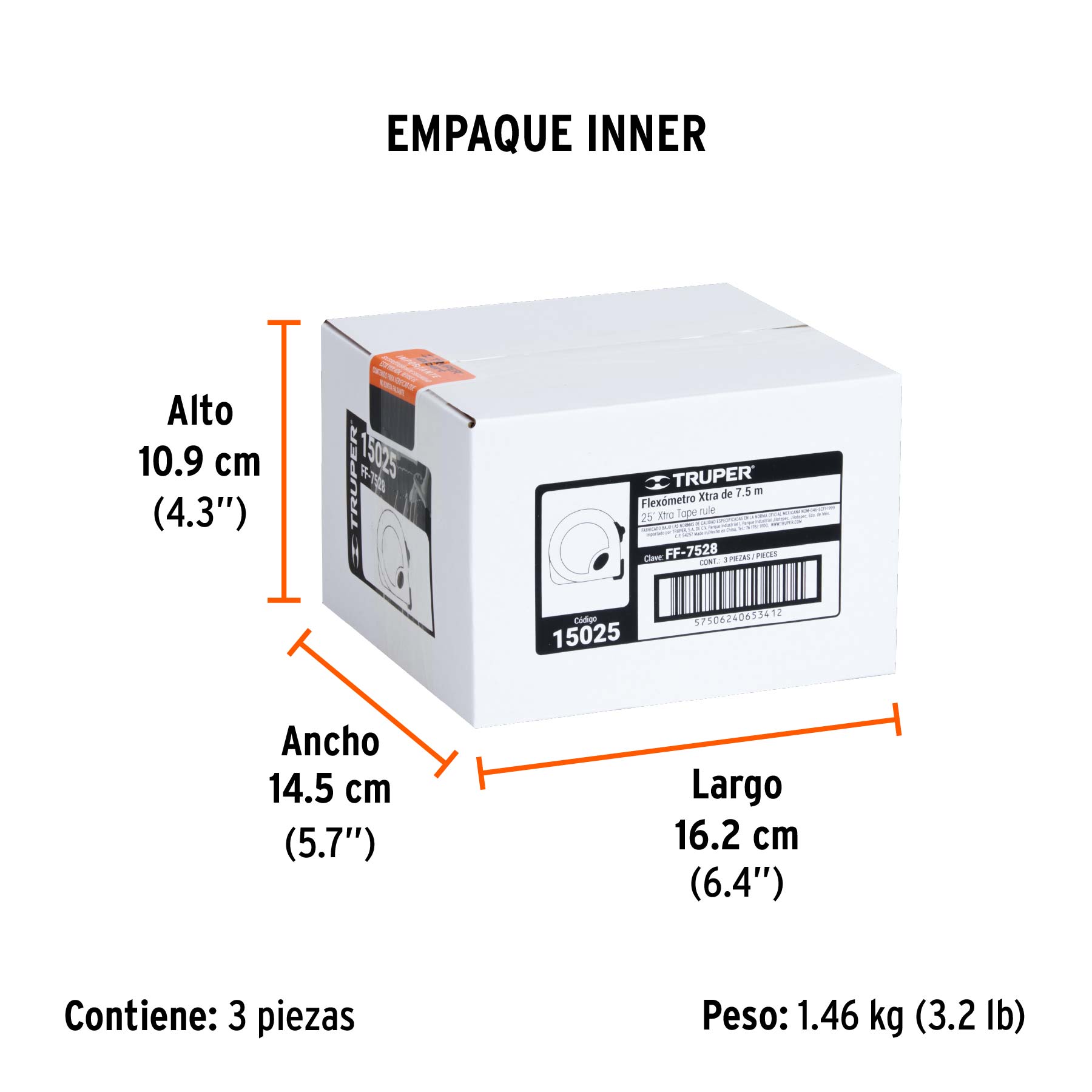 Flexómetro XTRA 7.5 m cinta extra ancha 28 mm, TRUPER - Empaque