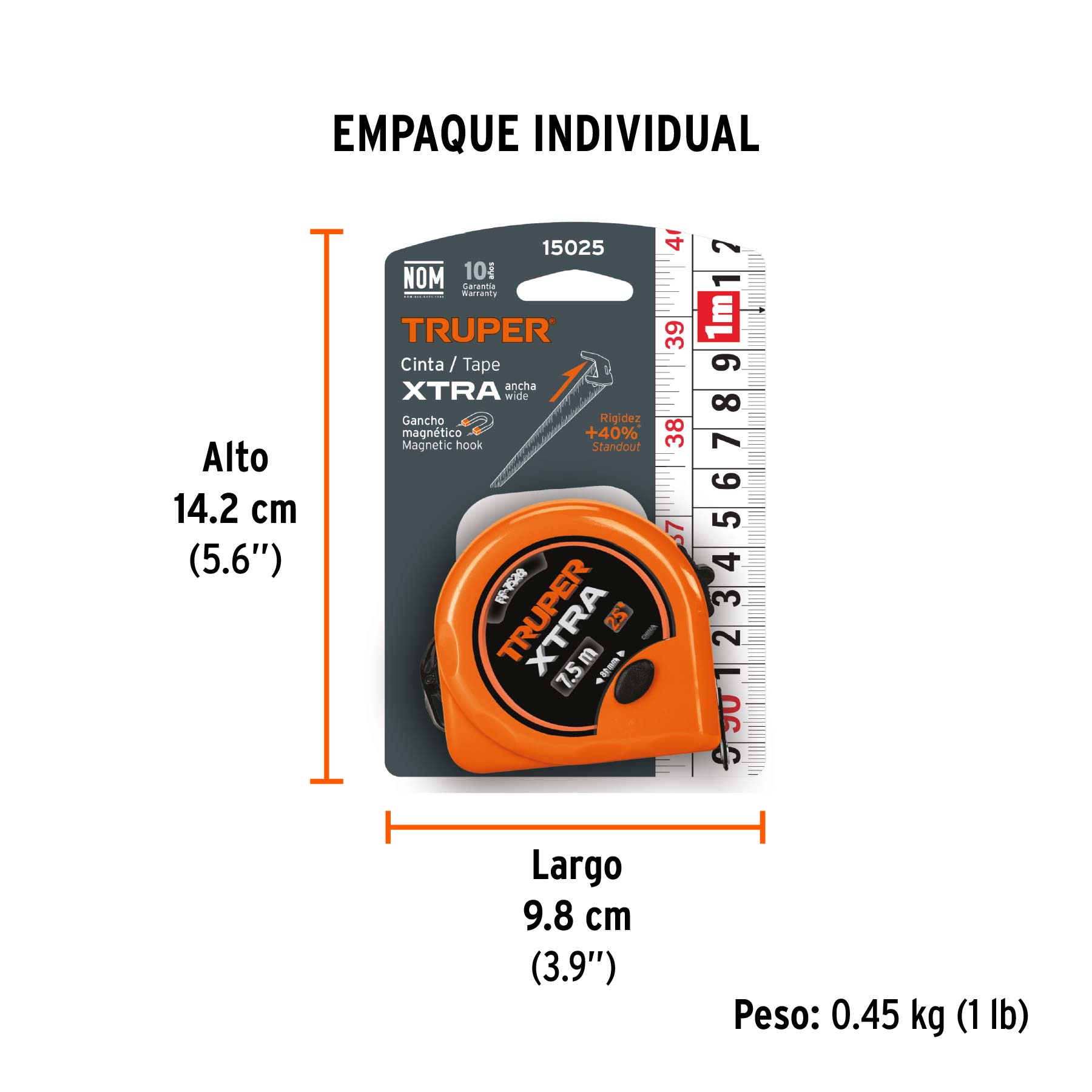Flexómetro XTRA 7.5 m cinta extra ancha 28 mm, TRUPER - Empaque