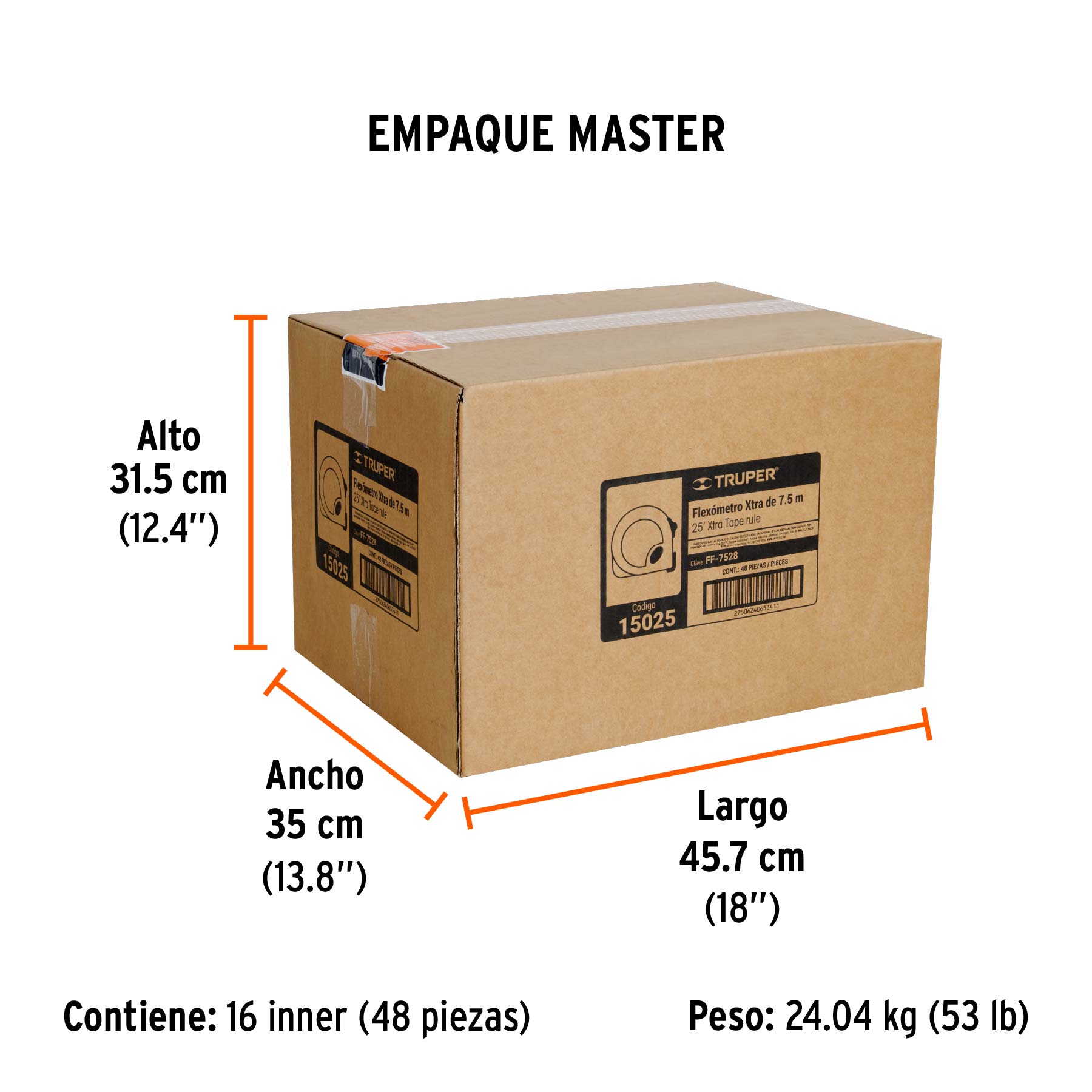 Flexómetro XTRA 7.5 m cinta extra ancha 28 mm, TRUPER - Empaque