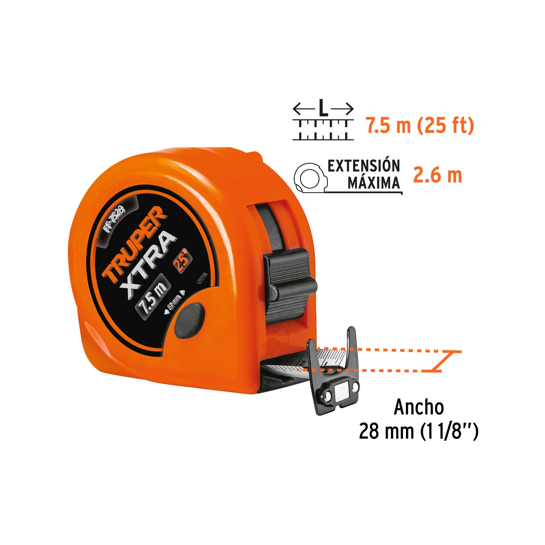 Flexómetro XTRA 7.5 m cinta extra ancha 28 mm, TRUPER