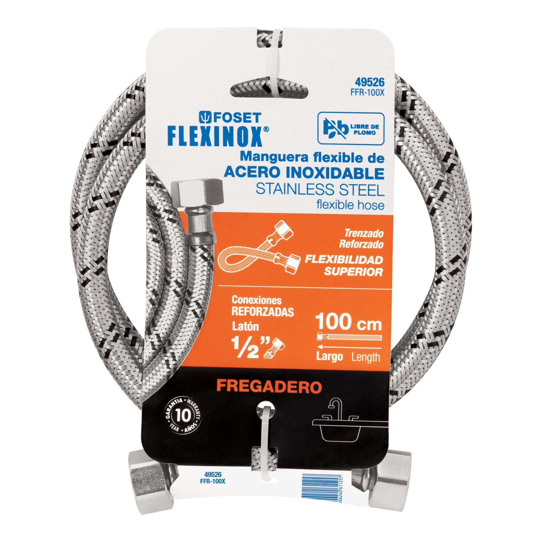 Manguera lavabo/fregadero, acero inox, 1/2" x 1/2", 100 cm