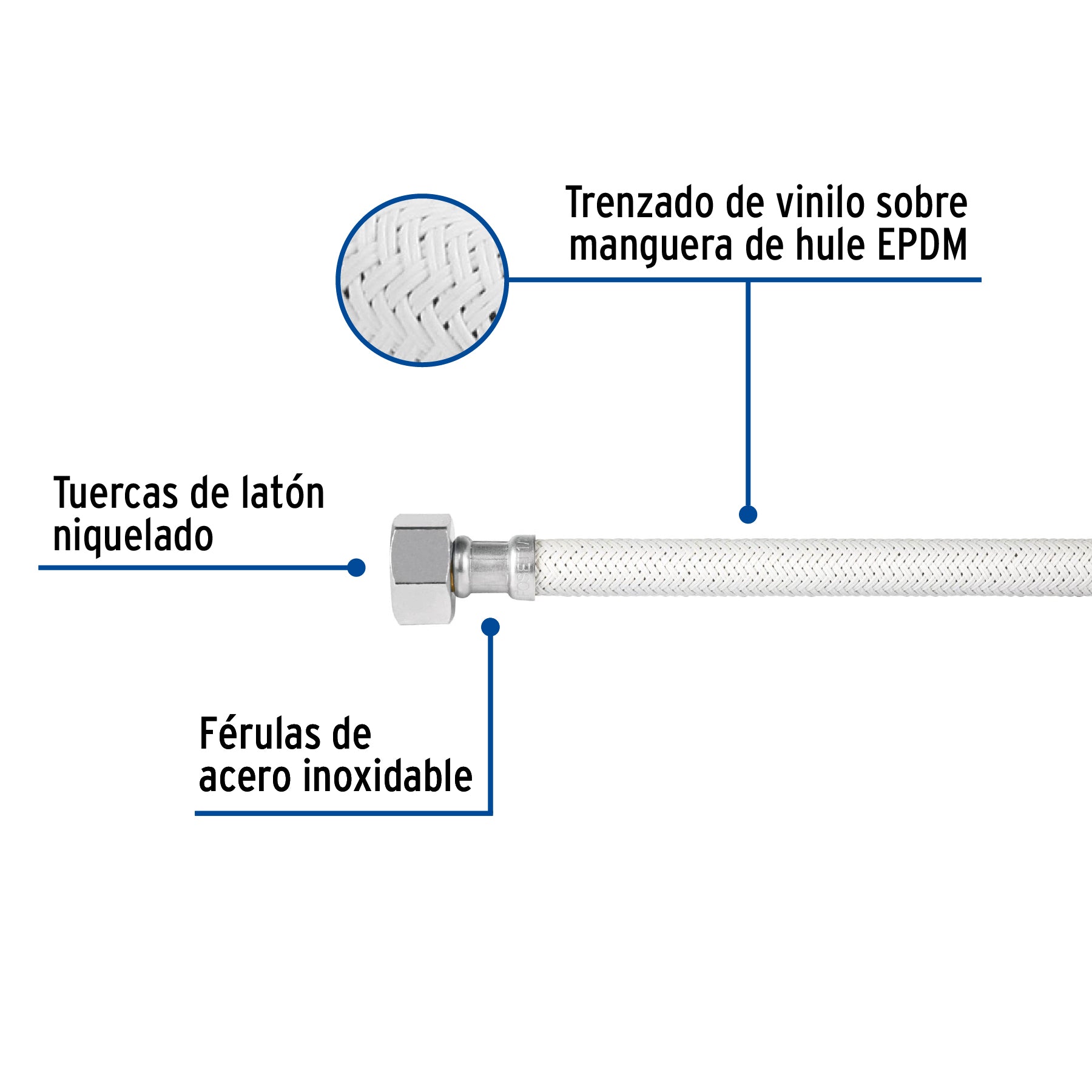 Manguera lavabo/fregadero, vinilo blanco, 1/2" x 1/2", 55 cm