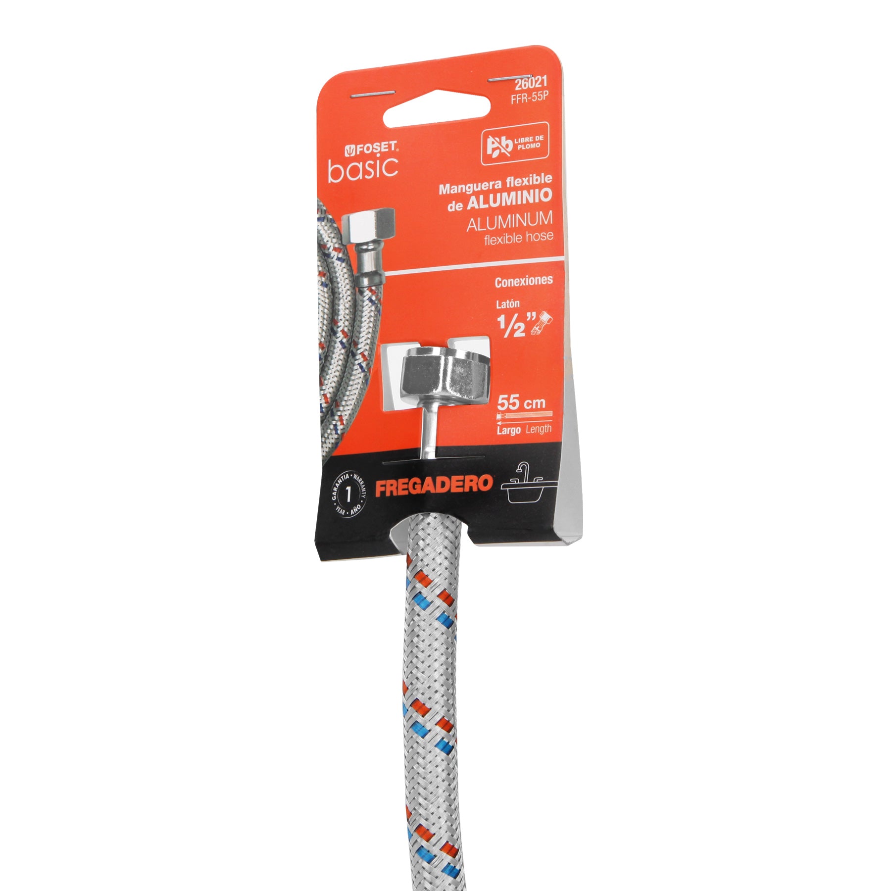 Manguera lavabo/fregadero, aluminio, 1/2"x1/2",55 cm, BASIC