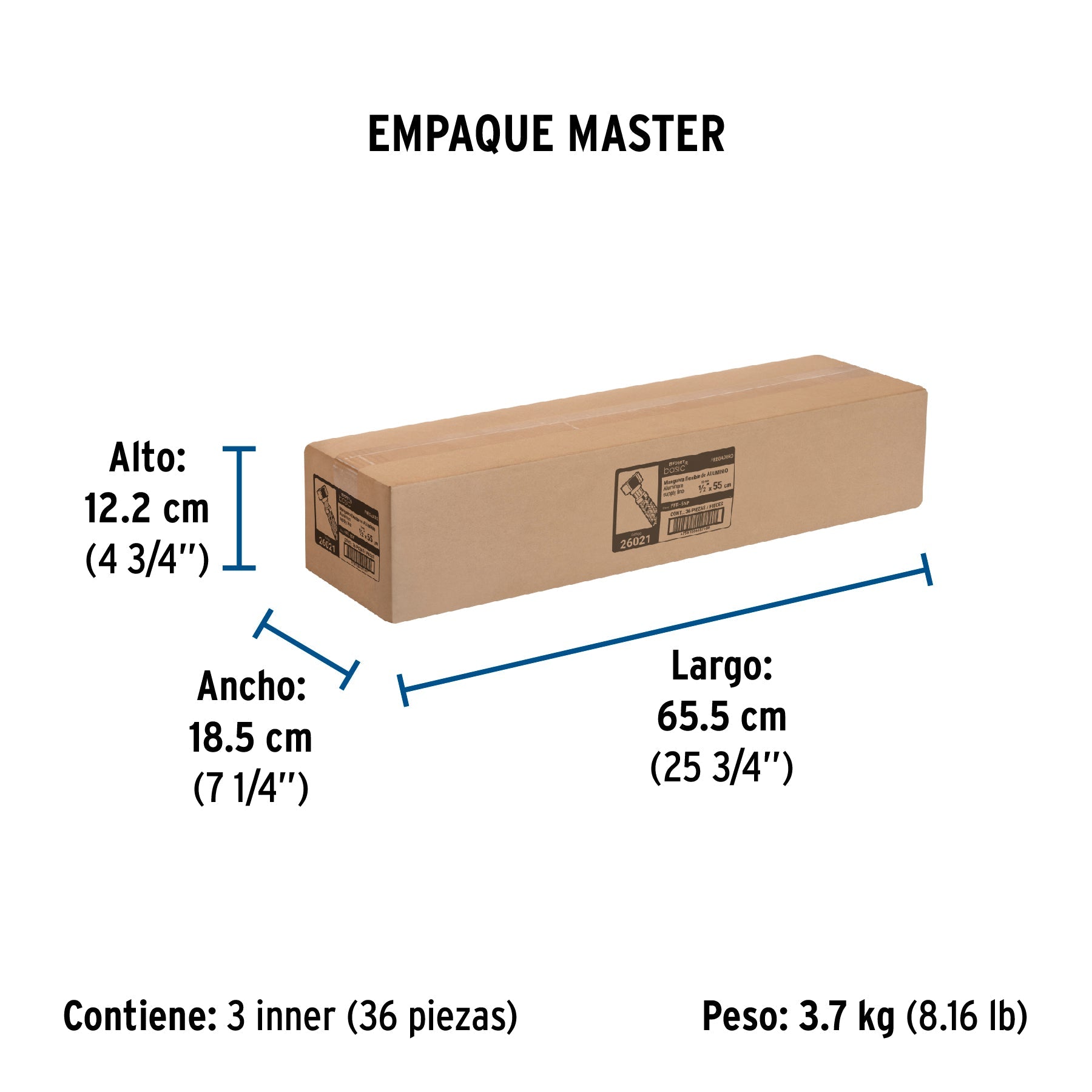 Manguera lavabo/fregadero, aluminio, 1/2"x1/2",55 cm, BASIC - Empaque